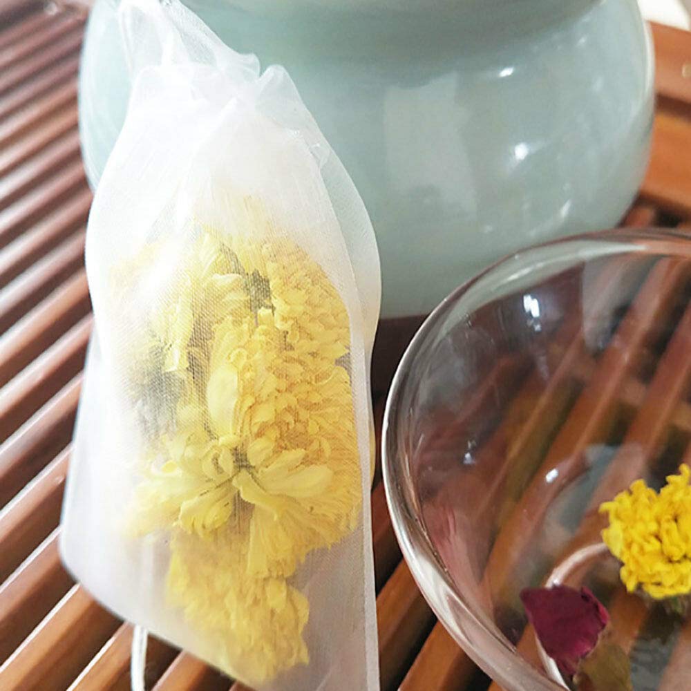 500 White Nylon Loose Tea Bags with Drawstring - 7x9cm Empty Filter Bags for Herbal Tea, Dried Fruits & DIY Tea Blends | Reusable Tea Infusers for Home Brewing, Gift Packaging & Culinary Use