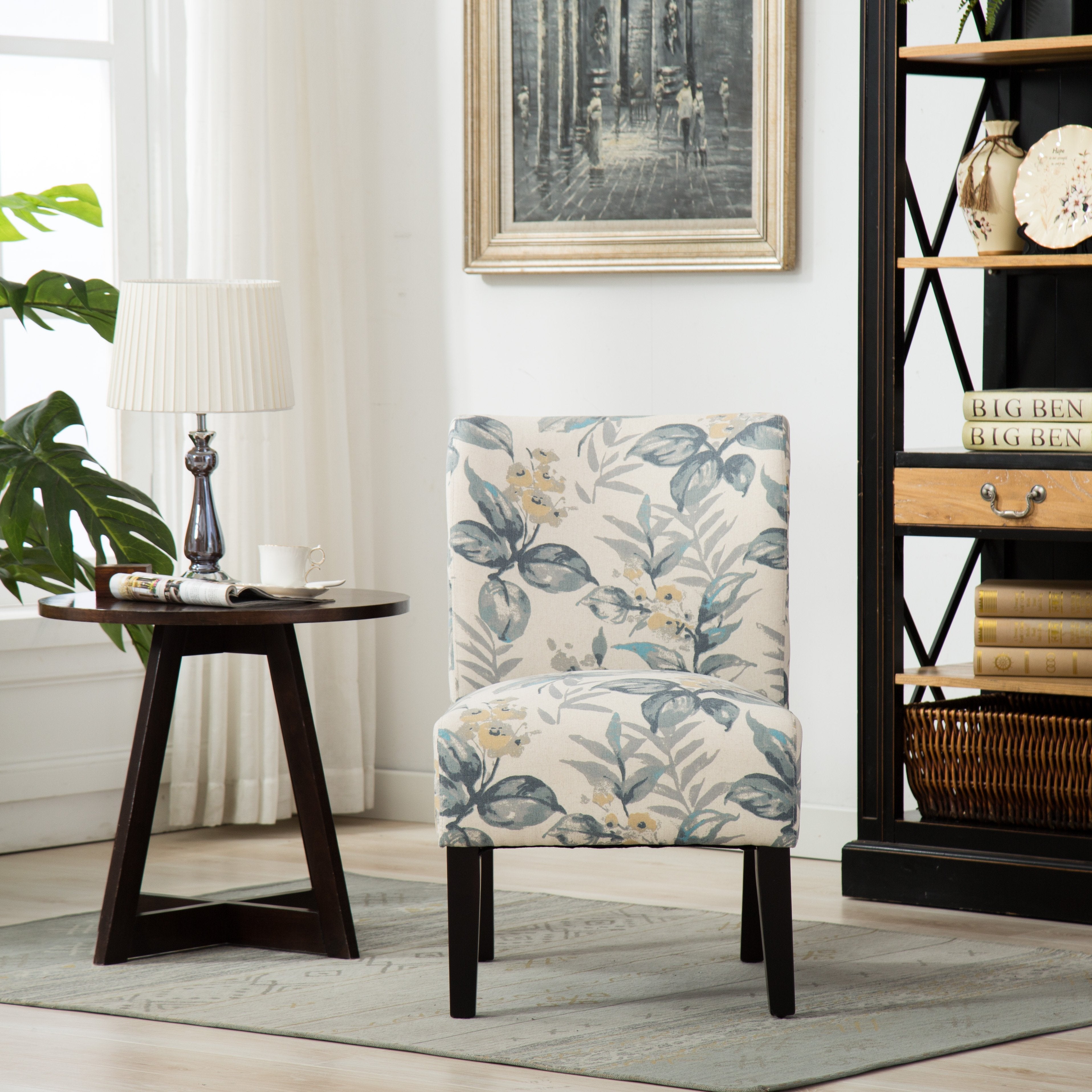 Roundhill Furniture Capa Fabric Armless Contemporary Accent Chair - Blue Leaves Design, Modern Living Room Chair for Home Office, Lounge, or Reading Nook