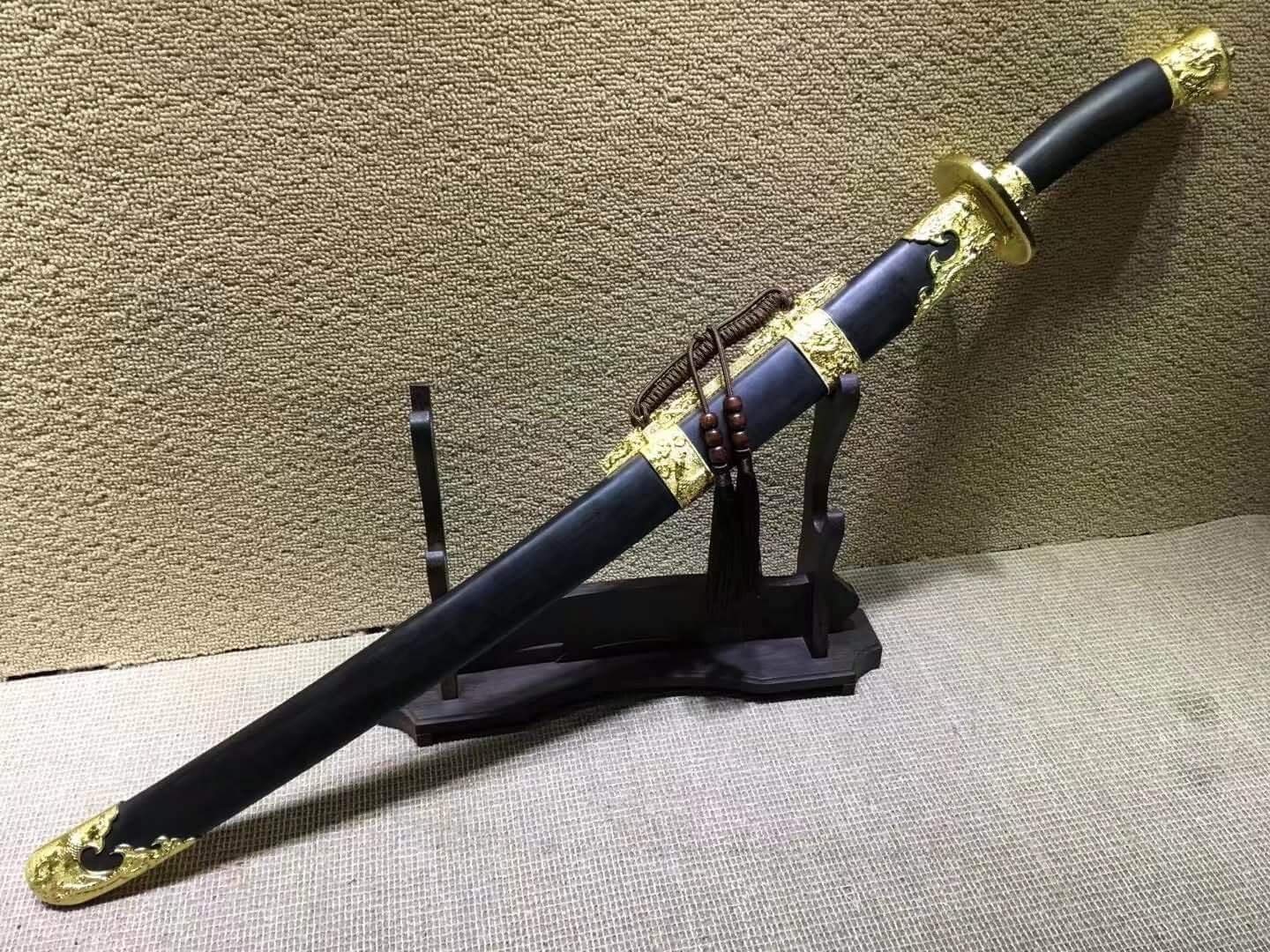 Hand Forged Chinese Broadsword - Pattern Steel Blade with Alloy & Black Wood Handle - Heat Tempered Sword for Martial Arts Training, Cosplay & Collectors