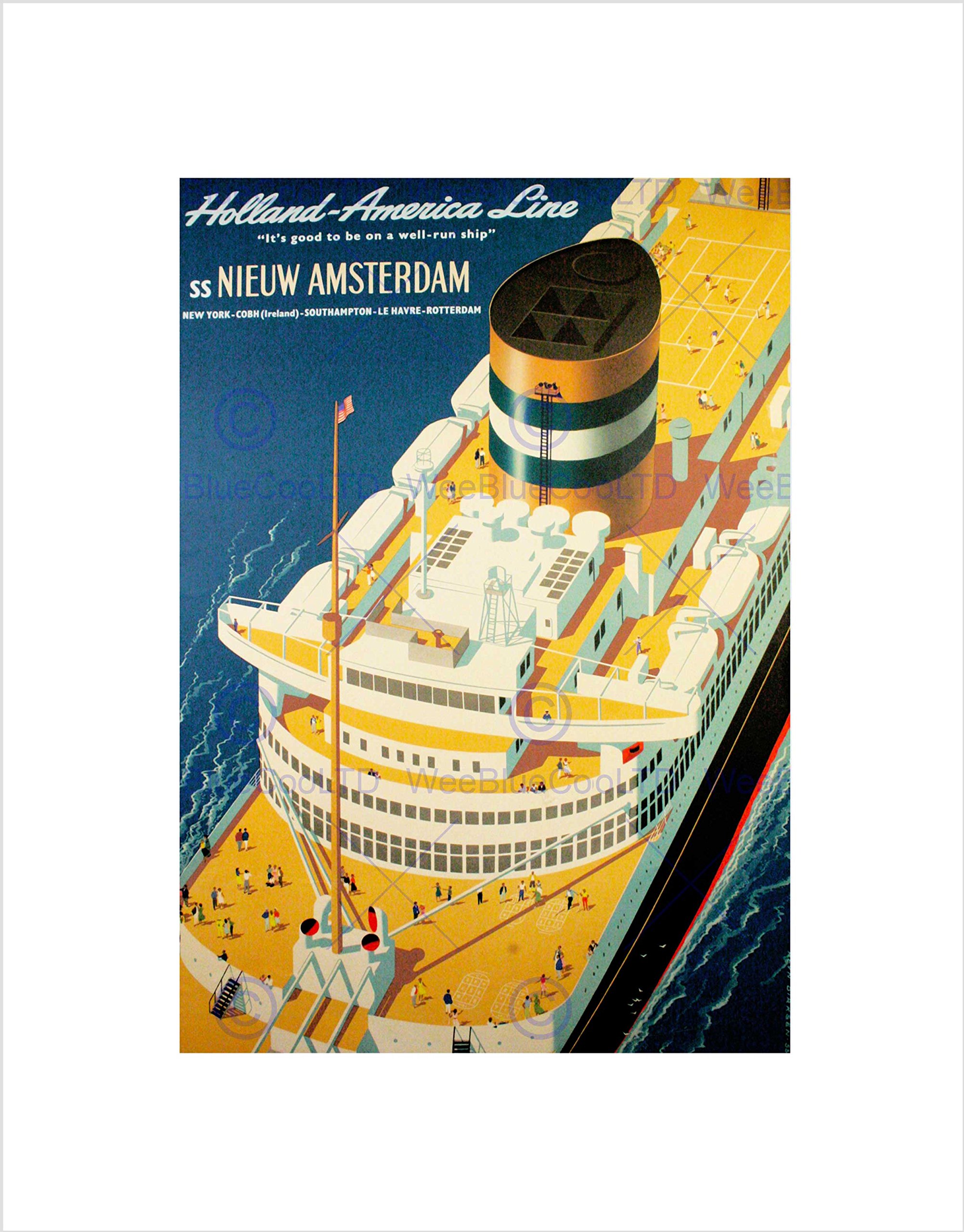 Vintage Holland America Ocean Liner Ship Funnel Deck Netherlands Travel Poster Print 12x33 - Perfect for Nautical Decor, Cruise Enthusiast Gifts & Travel-Themed Wall Art