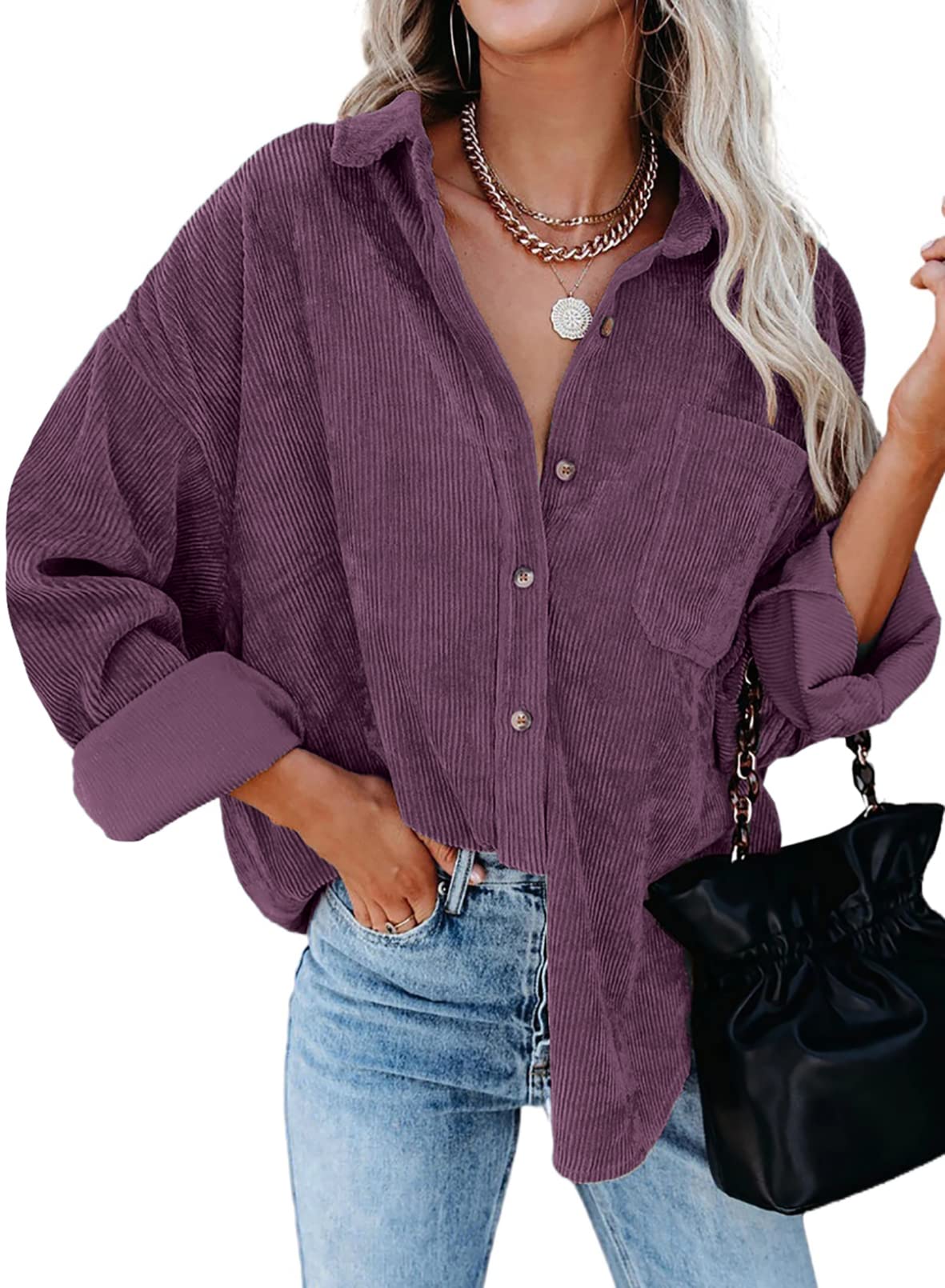 Dokotoo Women's Corduroy Button Down Shirt - Long Sleeve Oversized Boyfriend Blouse for Casual Wear & Layering
