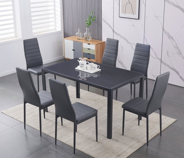 7-Piece Grey Tempered Glass Dining Table Set with Grey Leather Tapered Chairs - Modern Kitchen & Dining Room Furniture for Family Gatherings & Dinner Parties
