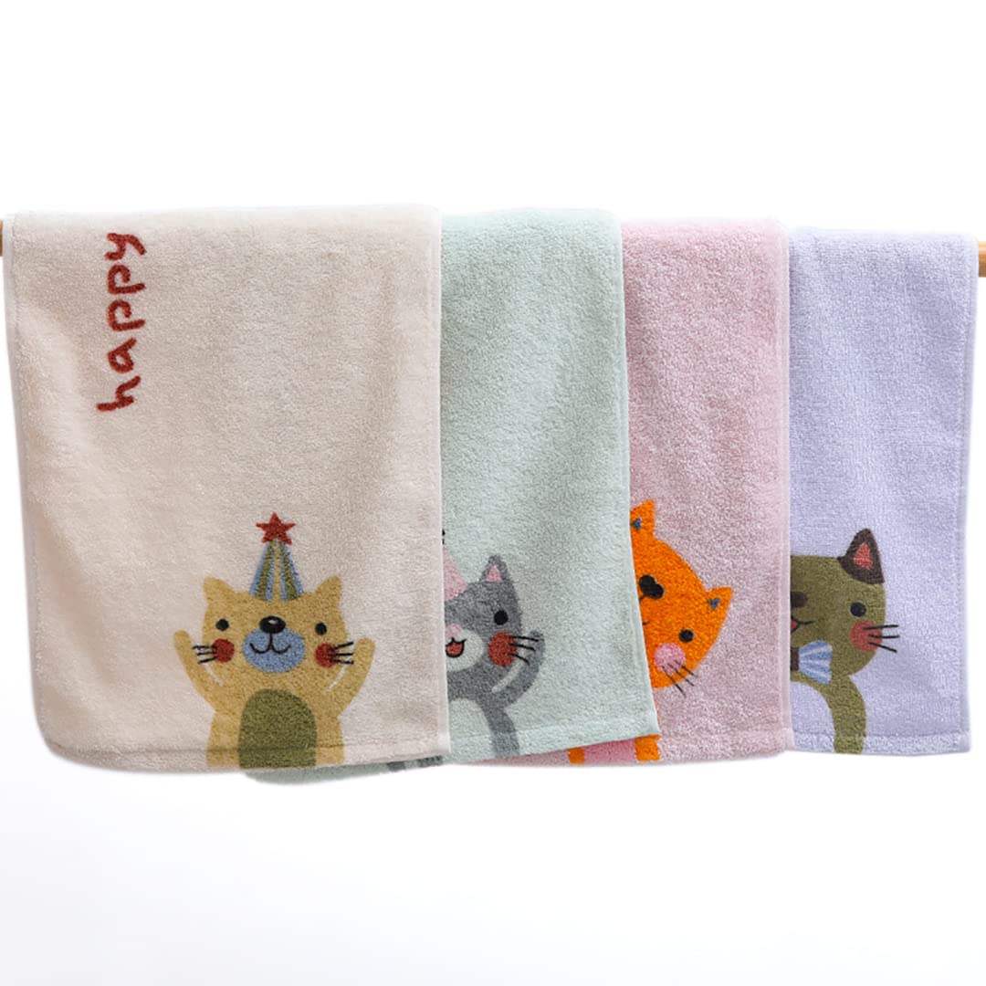 Kissvian 4 Pack Cute Cat Pattern Hand Towels | 100% Cotton Kids Bathroom Towels | Soft Animal Washcloths for Children | Perfect for Bath Time, Nursery Decor & Gentle Skin Care