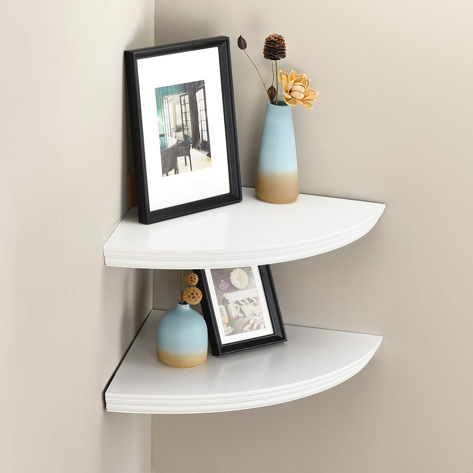 WELLAND Modern Wall Mounted Corner Shelves - Set of 2 White Floating Shelves for Bedroom, Office & Home Decor | Space-Saving Corner Display Shelf for Books, Plants & Decorative Accents