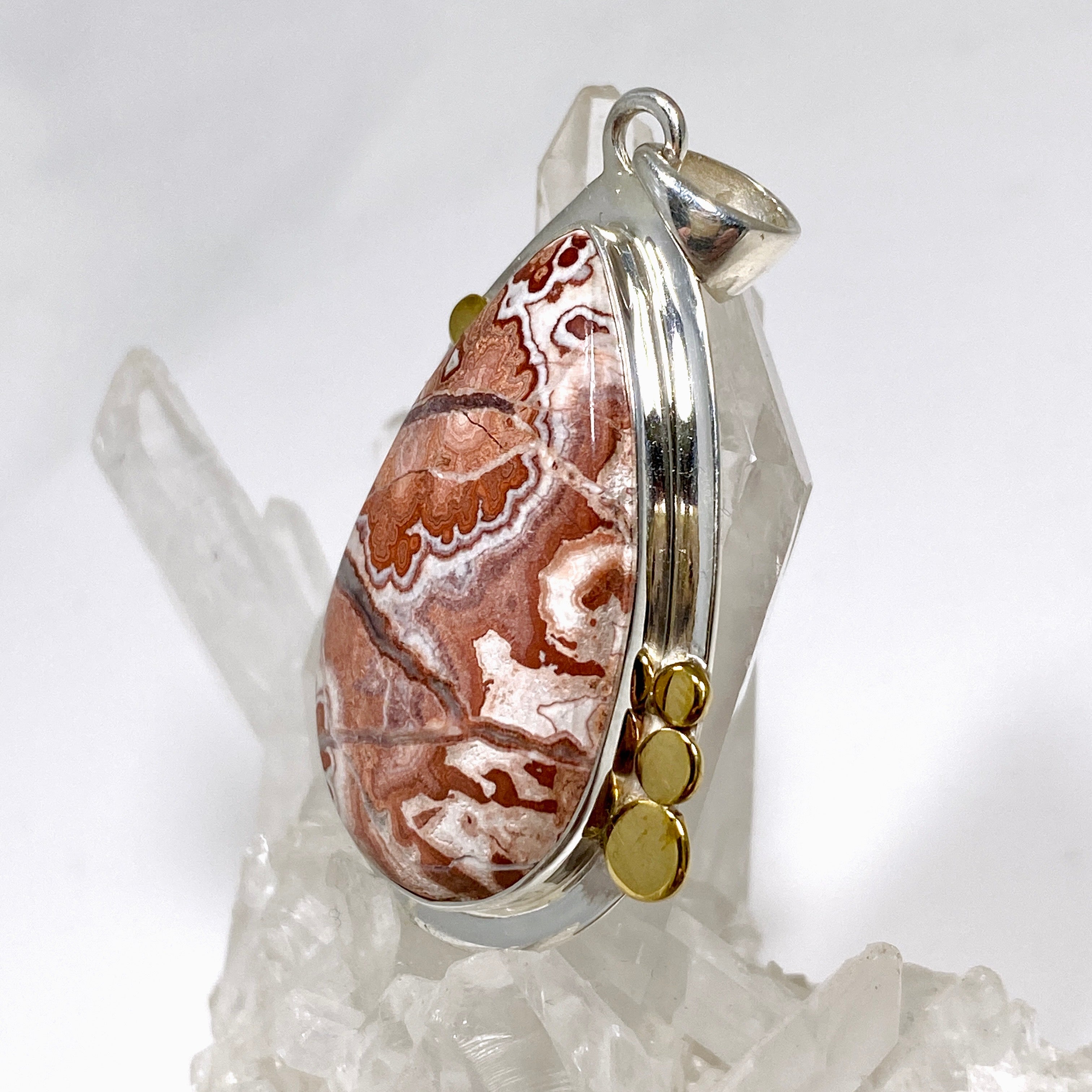 Crazy Lace Rosetta Stone Teardrop Pendant with Brass Decorative Setting KPGJ4569 - Elegant Bohemian Jewelry for Women, Perfect for Casual Wear, Date Nights & Special Occasions