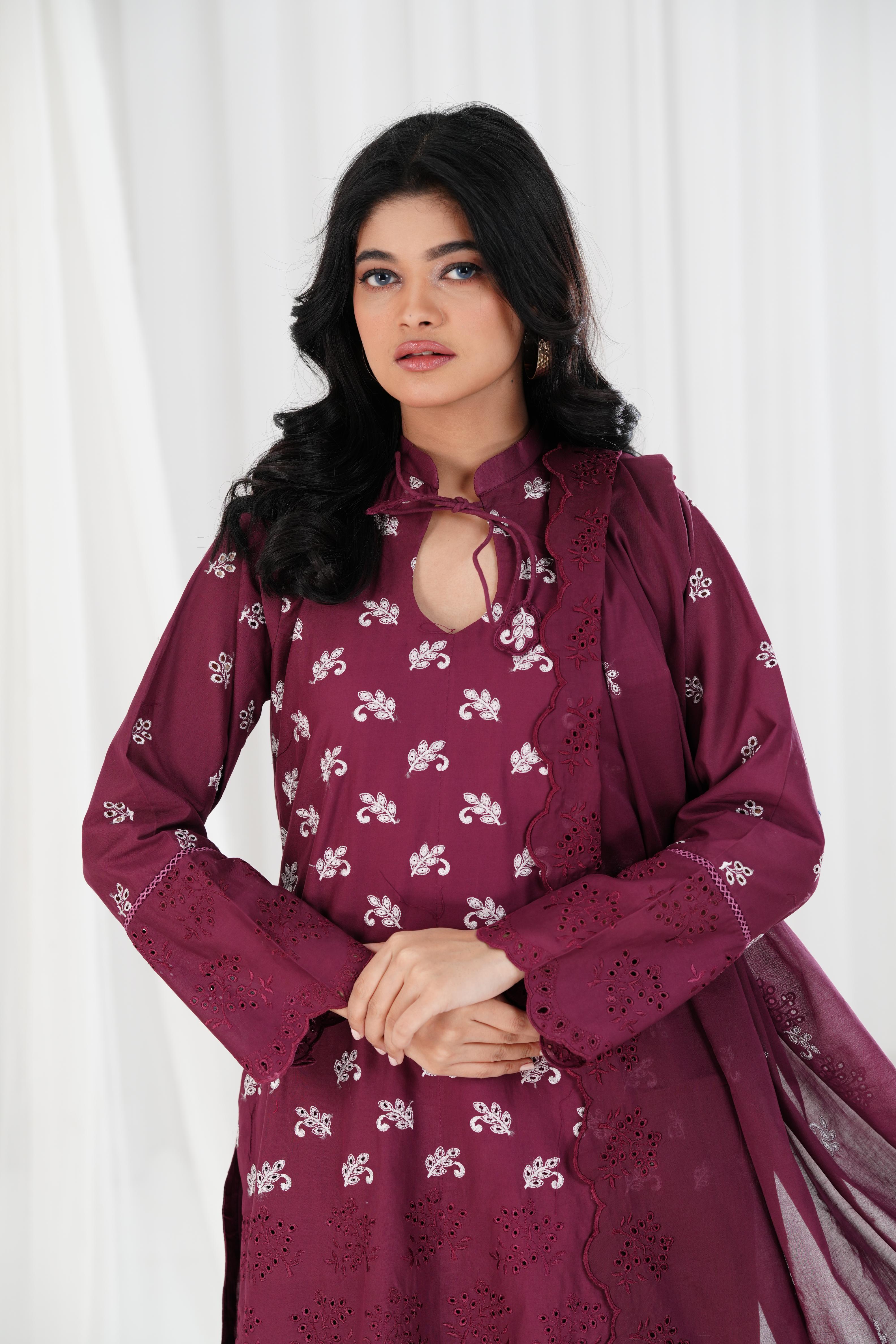 Celestial Berry Cross Stitch Chikankari Embroidered Cotton Dress - Elegant Handmade Indian Kurti for Women | Perfect for Festivals, Weddings & Boho Fashion
