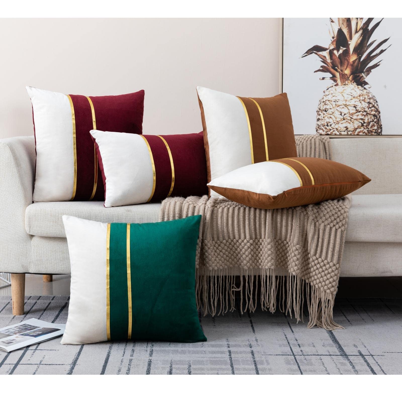 ZLINA Set of 2 Velvet Decorative Throw Pillow Covers - Brown & White Patchwork with Gold Leather Accents (18×18 Inch) for Sofa, Bed & Car - Luxury Cushion Covers for Living Room, Bedroom & Travel Decor