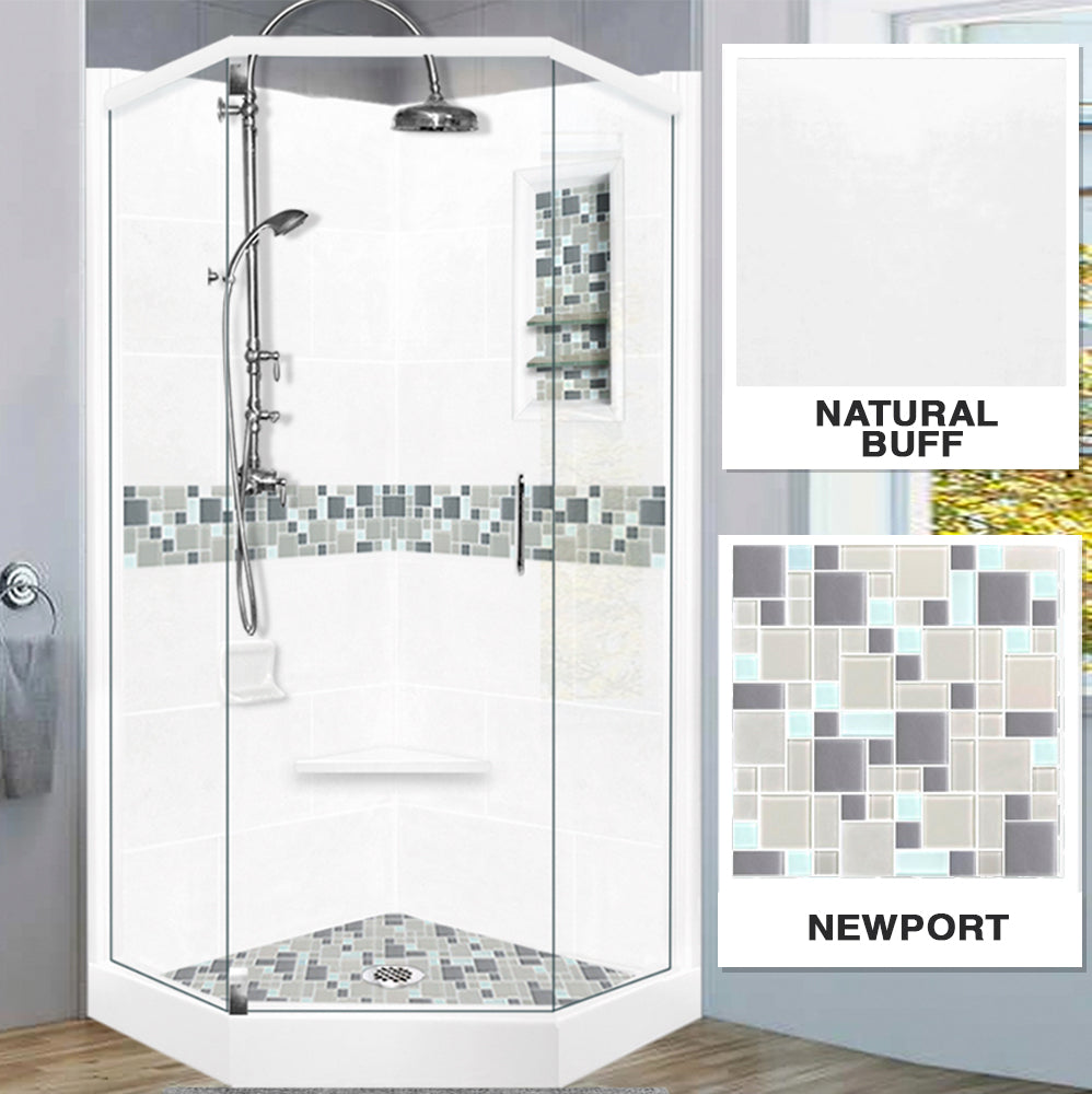Neo Angle Natural Buff Sistine Stone & Newport Mosaic Accent Tile - DIY Shower Remodel Kit for Bathroom Renovation | Waterproof Backsplash & Flooring Solution