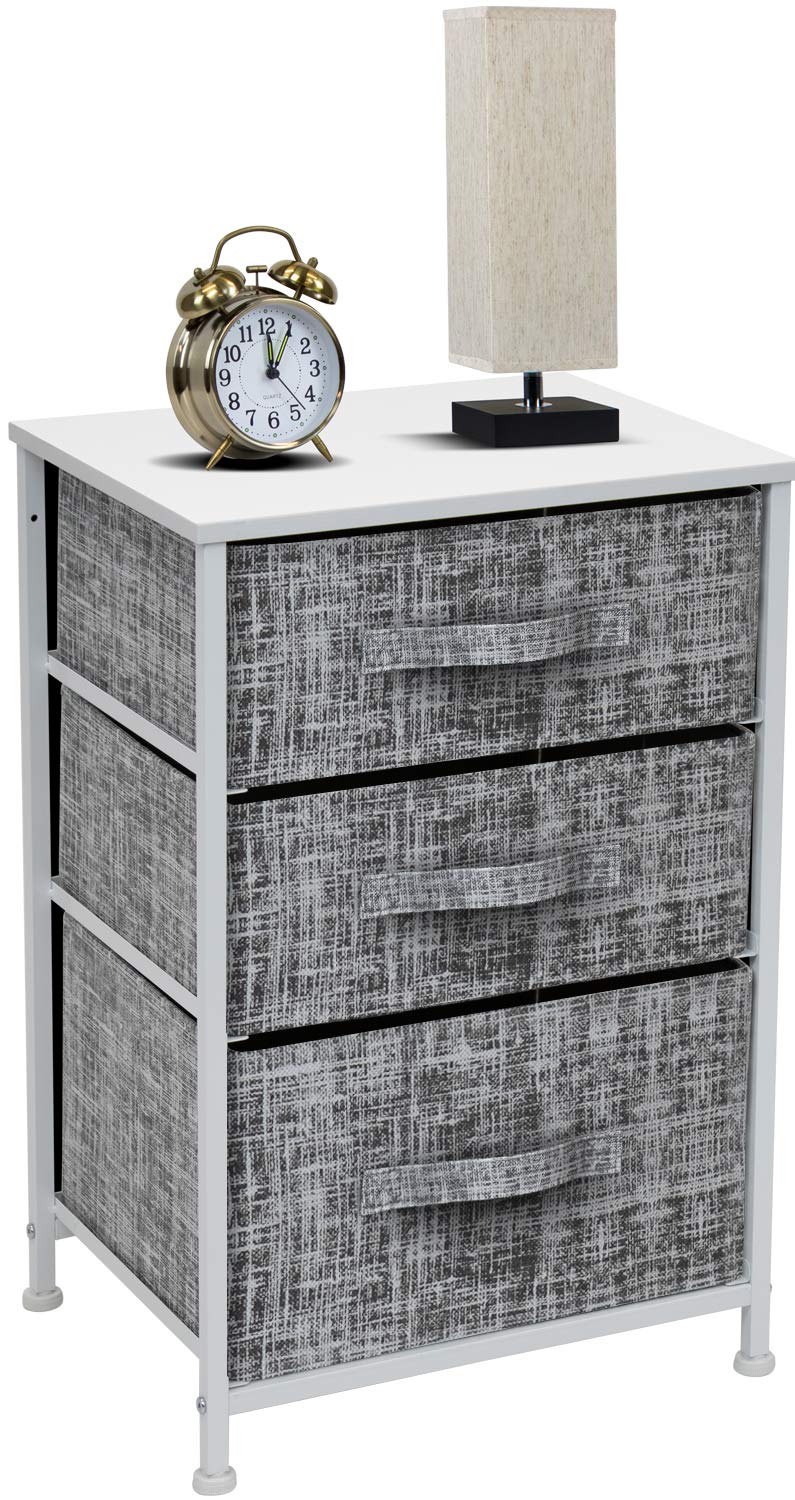 Sorbus 3-Drawer Nightstand - Modern Bedside Table with Steel Frame & Wood Top, Easy Pull Fabric Bins, Gray/White | Perfect for Bedroom, Living Room, Office & College Dorm | Space-Saving Storage Solution for Books, Lamps & Bedroom Essentials