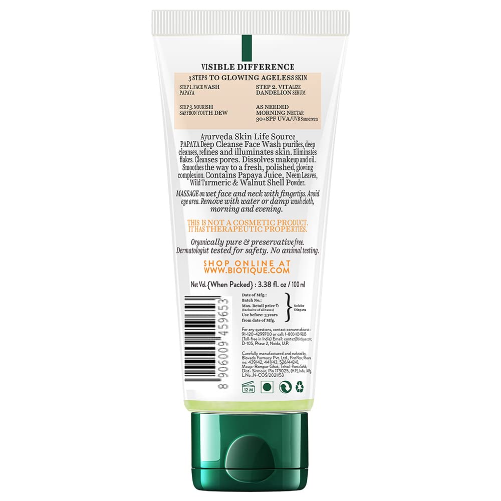 Biotique Bio Papaya Exfoliating Face Wash for All Skin Types - 150ml | Gentle Cleanser for Daily Skincare Routine, Acne & Blackhead Removal