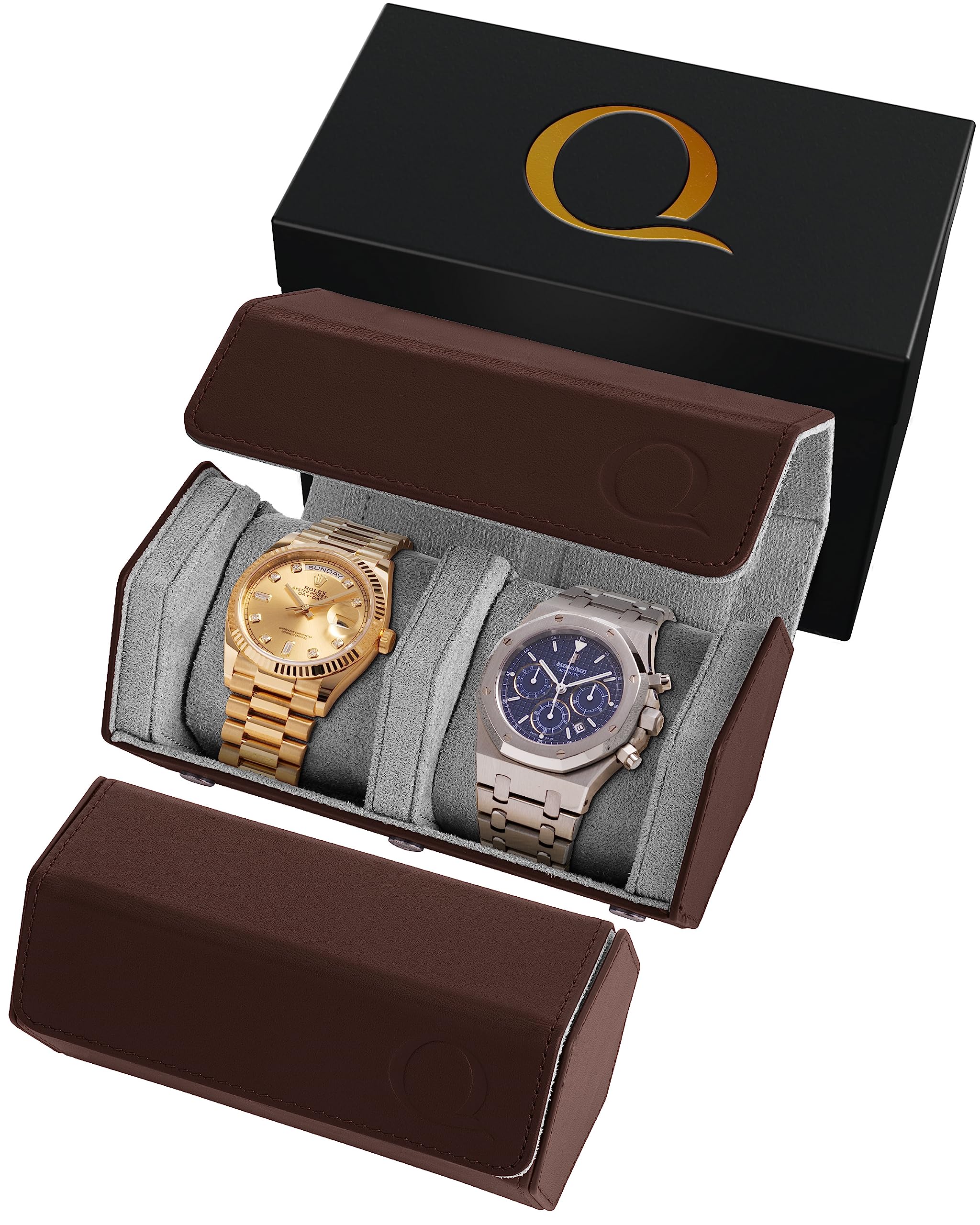 Premium Leather Watch Case for Men - Hexagon Travel Holder for 1-2 Watches | Gift for Watch Collectors