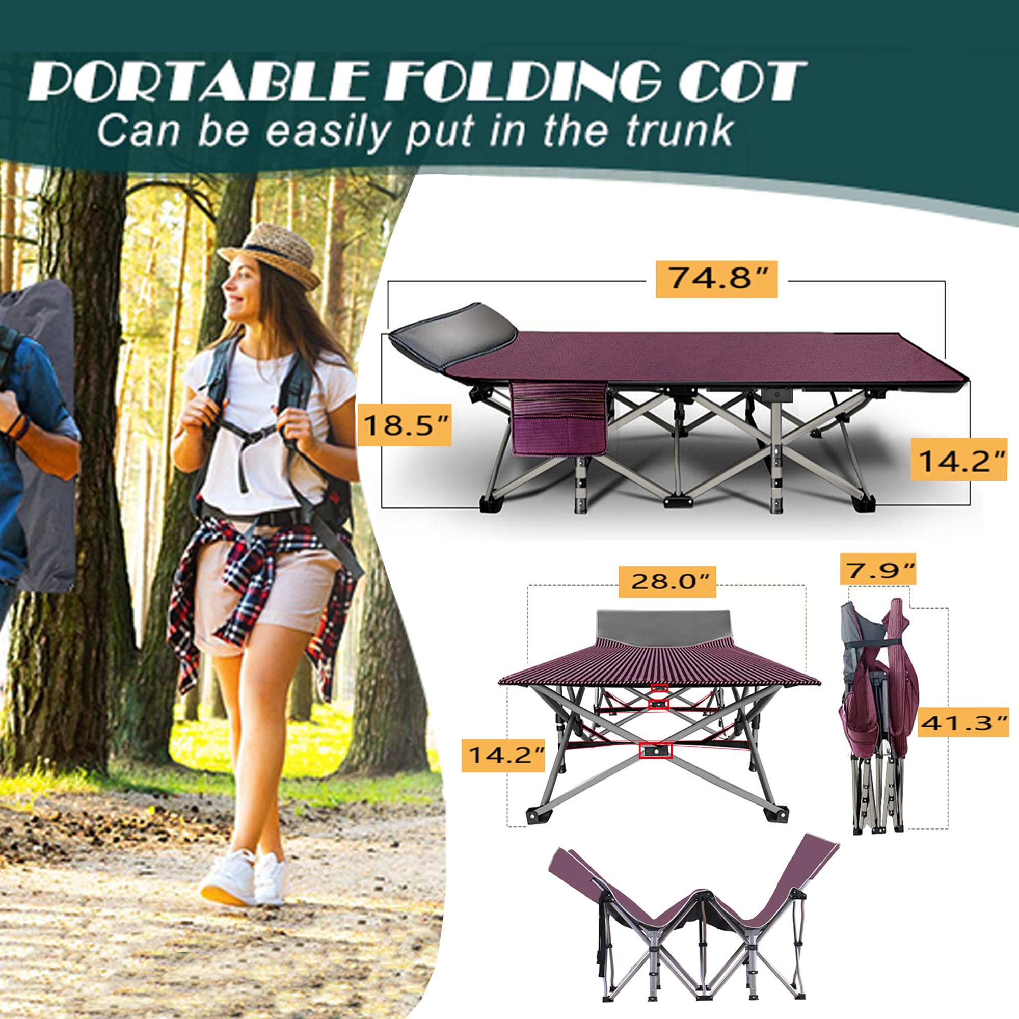 ABORON Heavy Duty Folding Camping Cot for Adults - 500lb Capacity Double Layer 1200D Oxford Fabric with Mattress & Carry Bag - Portable Guest Bed for Indoor, Outdoor, Camping, Travel & Emergency Use
