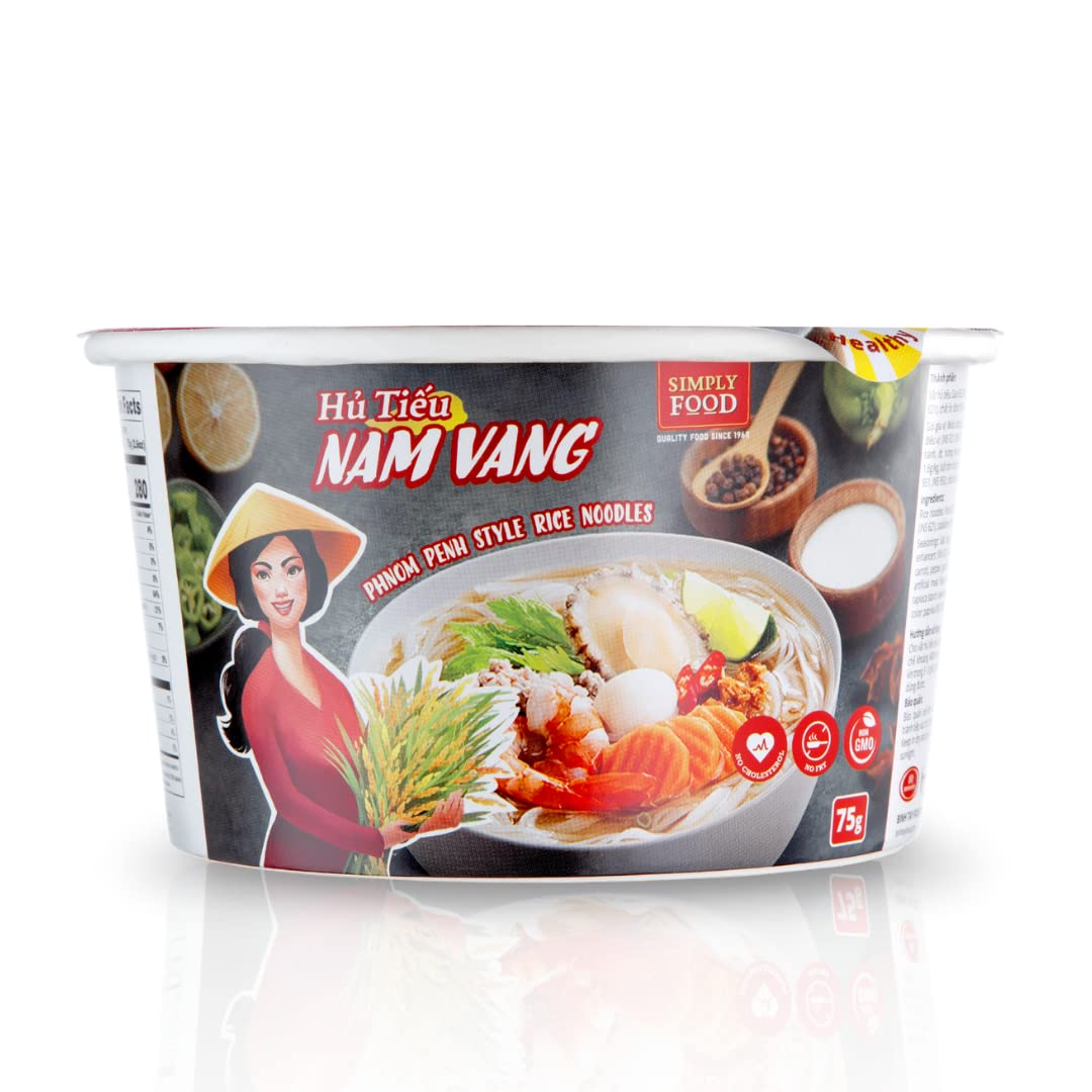 Instant Phnom Penh Rice Noodles (Hủ Tiếu Nam Vang) - 9 Pack of 75g Bowls - Thin Flat White Rice Noodles in Savory Pork Broth - Quick Asian Meal, Easy Lunch or Dinner Solution