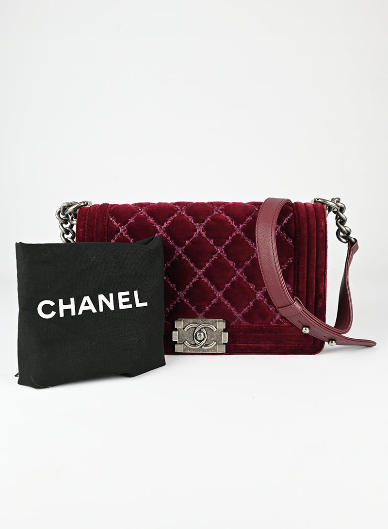 Chanel Burgundy Velvet Boy Bag - Luxury Quilted Shoulder Bag for Women | Perfect for Evening Parties, Weddings & Special Occasions