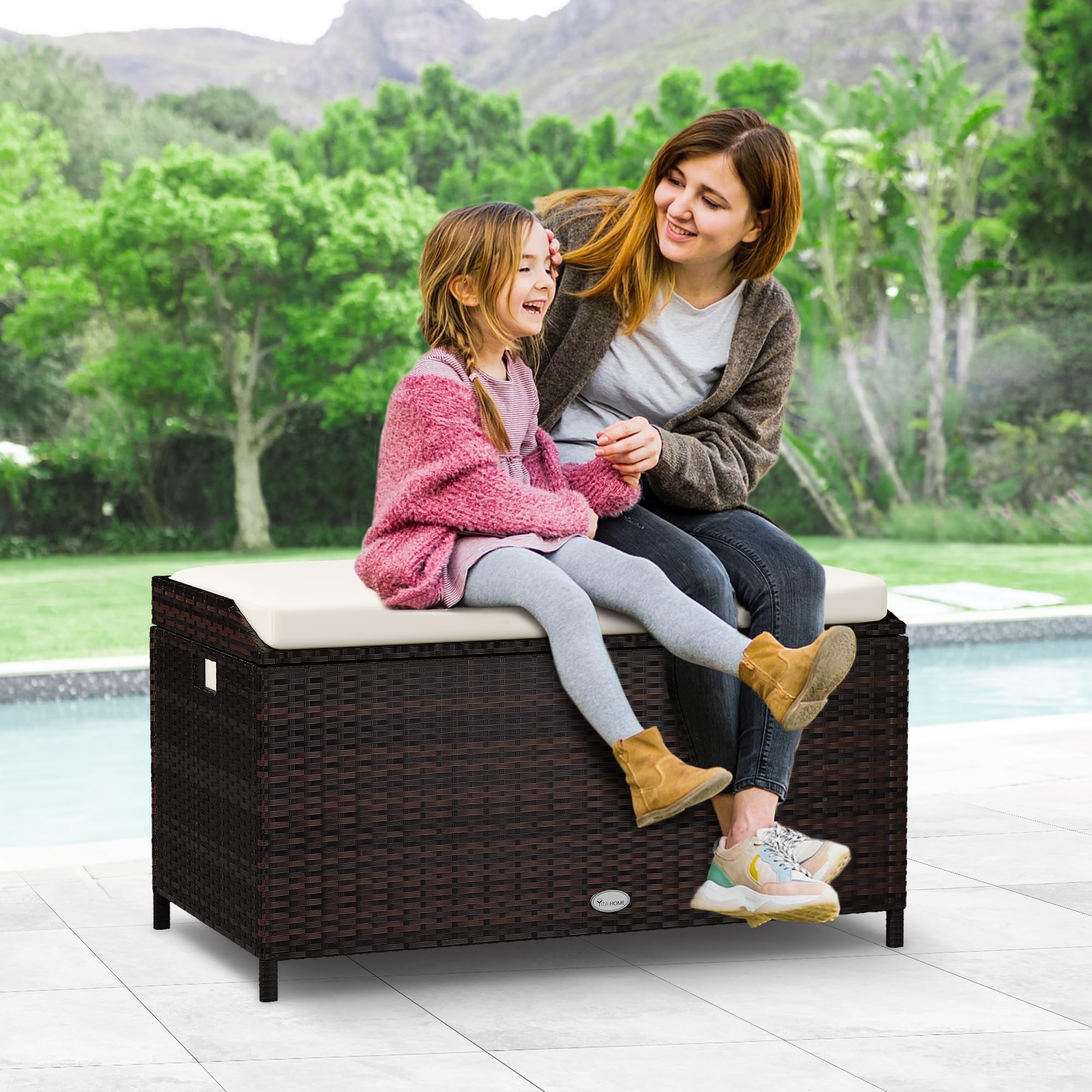 YITAHOME Large Outdoor Wicker Storage Bench Deck Box - PE Rattan Patio Furniture with Convenient Handles & Soft Cushion - Perfect for Patio, Garden, Yard, Lawn, and Outdoor Storage Organization