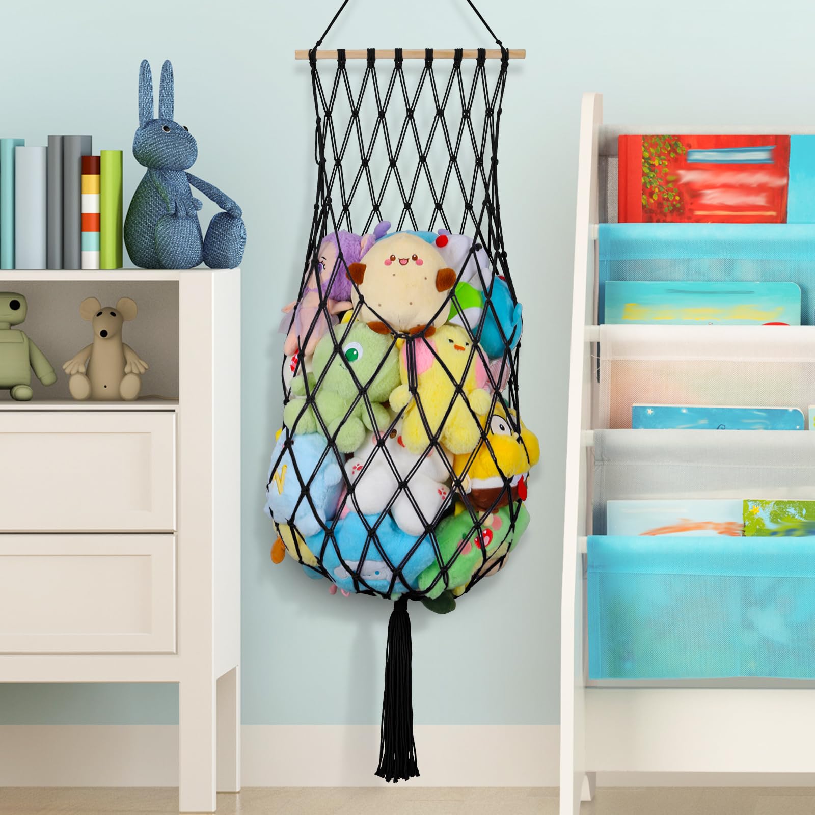 68 Inch Jumbo Macrame Vertical Stuffed Animal Hammock - Wall & Ceiling Hanging Plushie Holder for Kids Room, Nursery Decor (Black) | Perfect for Organizing Stuffed Toys in Bedrooms, Playrooms & Daycare Centers