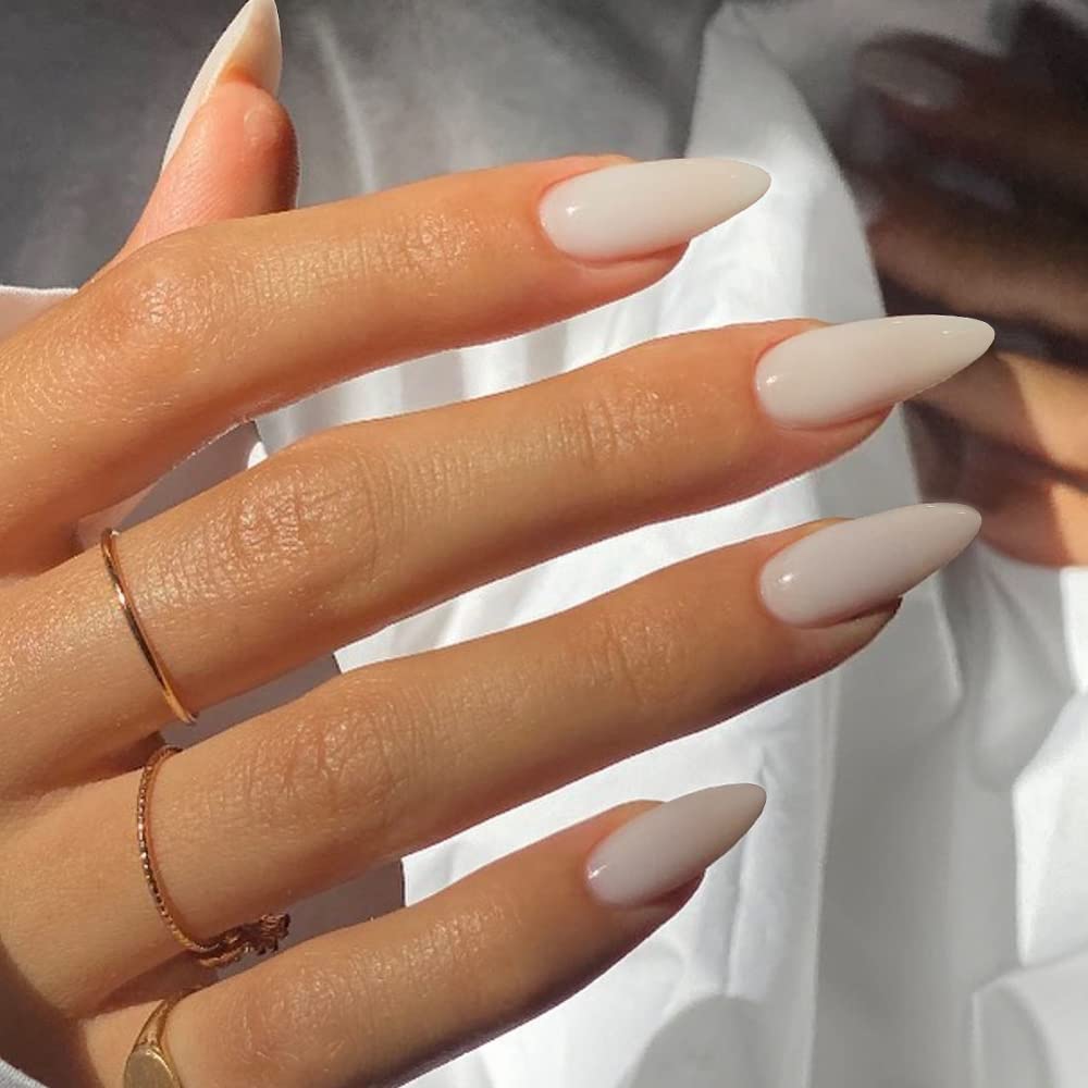KXAMELIE Milk White Press on Nails - Medium Length Almond Shaped Fake Nails with Glue - Solid Color Shiny Salon Quality Acrylic Nails for Women | Perfect for Daily Wear, Office, Date Night & Special Occasions