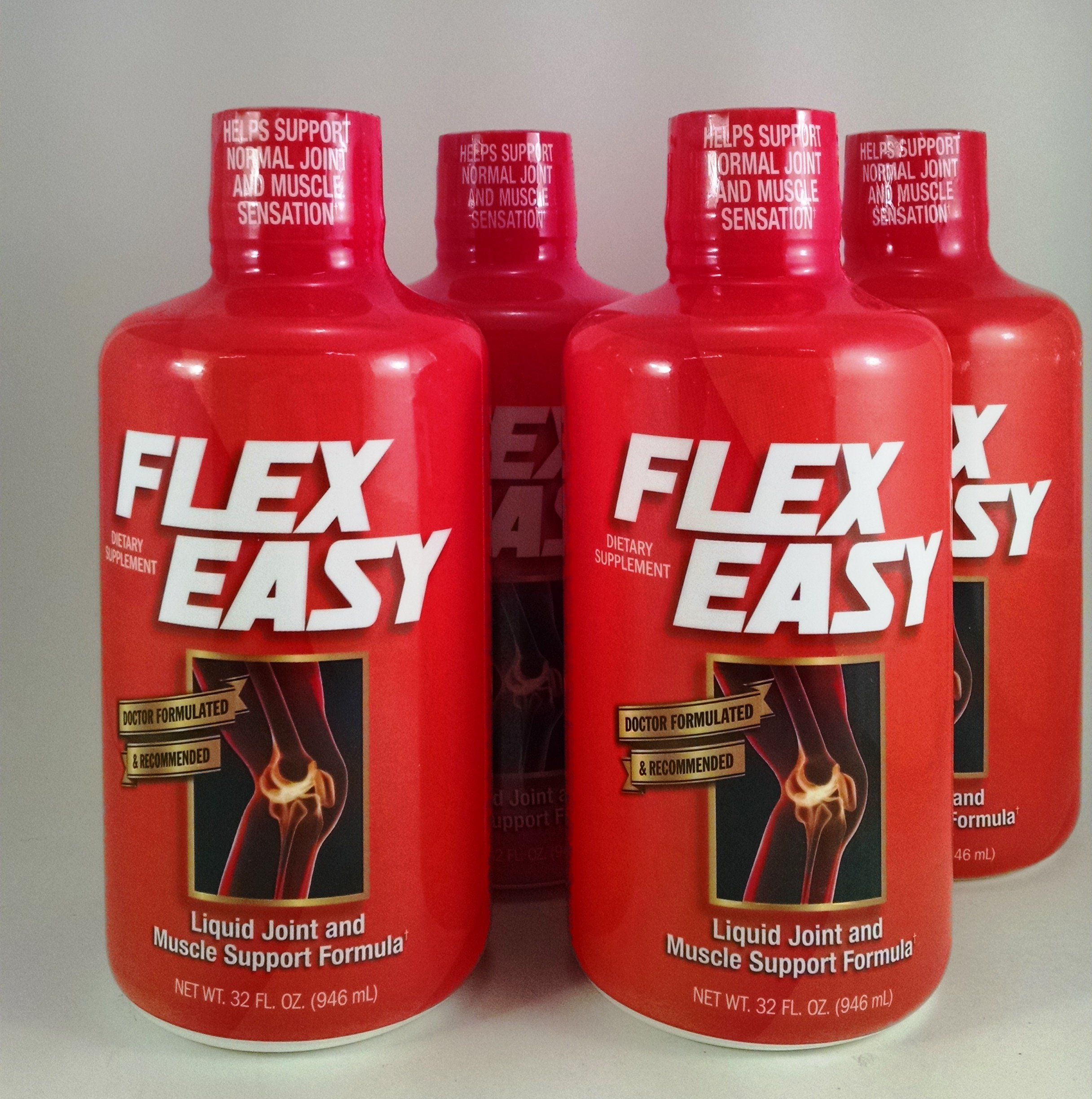 Flexeasy 4-32 oz Bottle Liquid Joint & Muscle Support Formula with 4 Free CA Healthy Coffee Samples & Ganoderma - Pain Relief for Athletes, Seniors & Active Lifestyles - Post-Workout Recovery & Daily Wellness Support