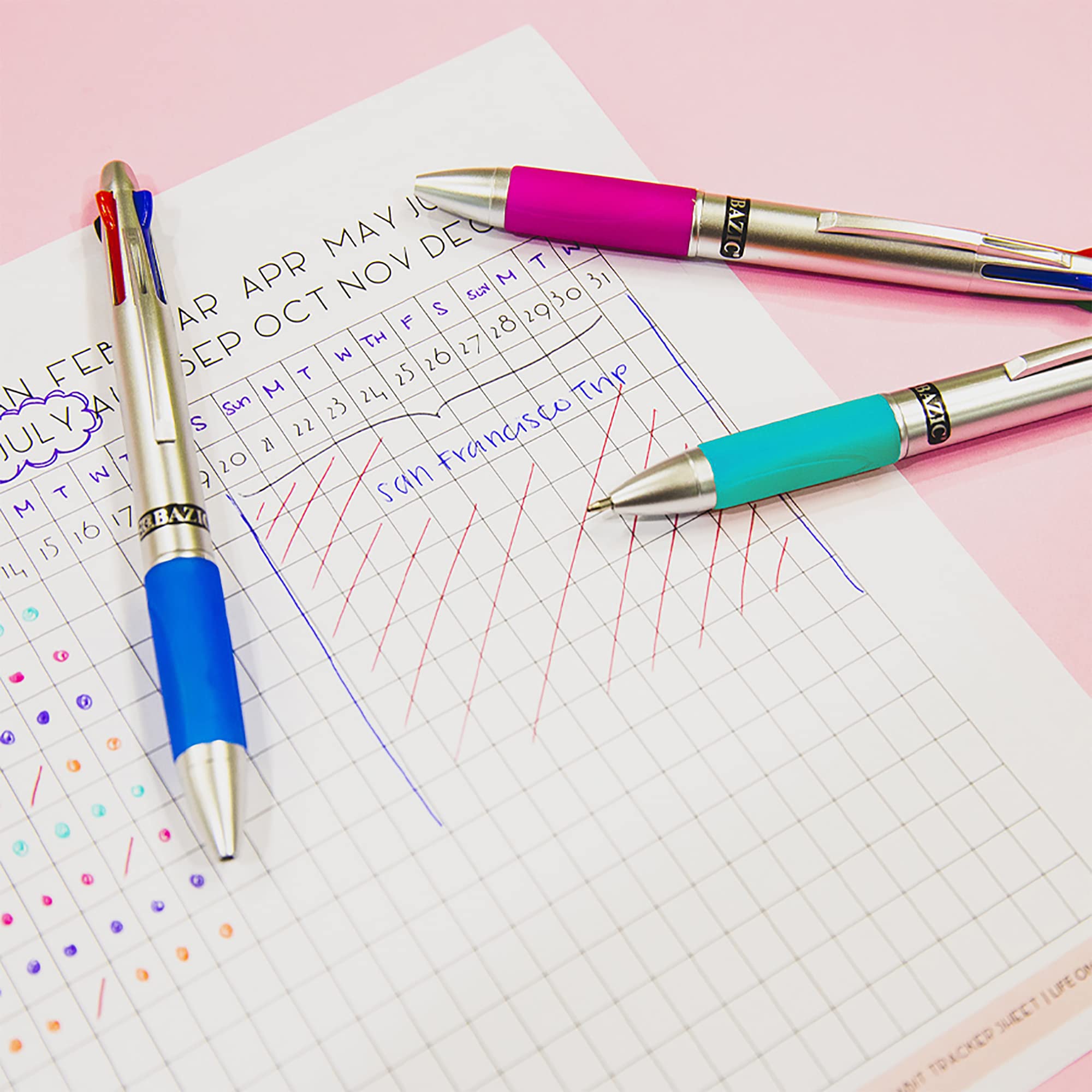 BAZIC 144-Pack Retractable Ballpoint Pens, 1.0mm Bold Point Multicolor Pens with Soft Barrel Grip for Smooth Writing - Ideal for Teachers, Students & Office Use (2 Pens per Pack)