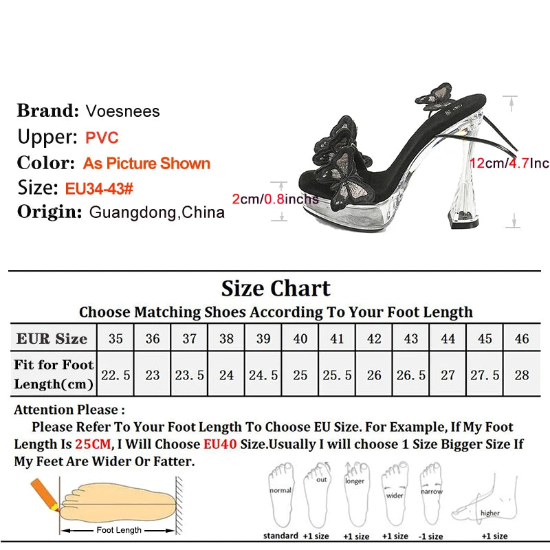 Women's Black Ankle Strap Sandals - 12CM Transparent Platform High Heels with Butterfly Design & Square Toe for Nightclub, Party, and Catwalk Fashion | Comfortable Dressy Heels for Evening Events and Special Occasions
