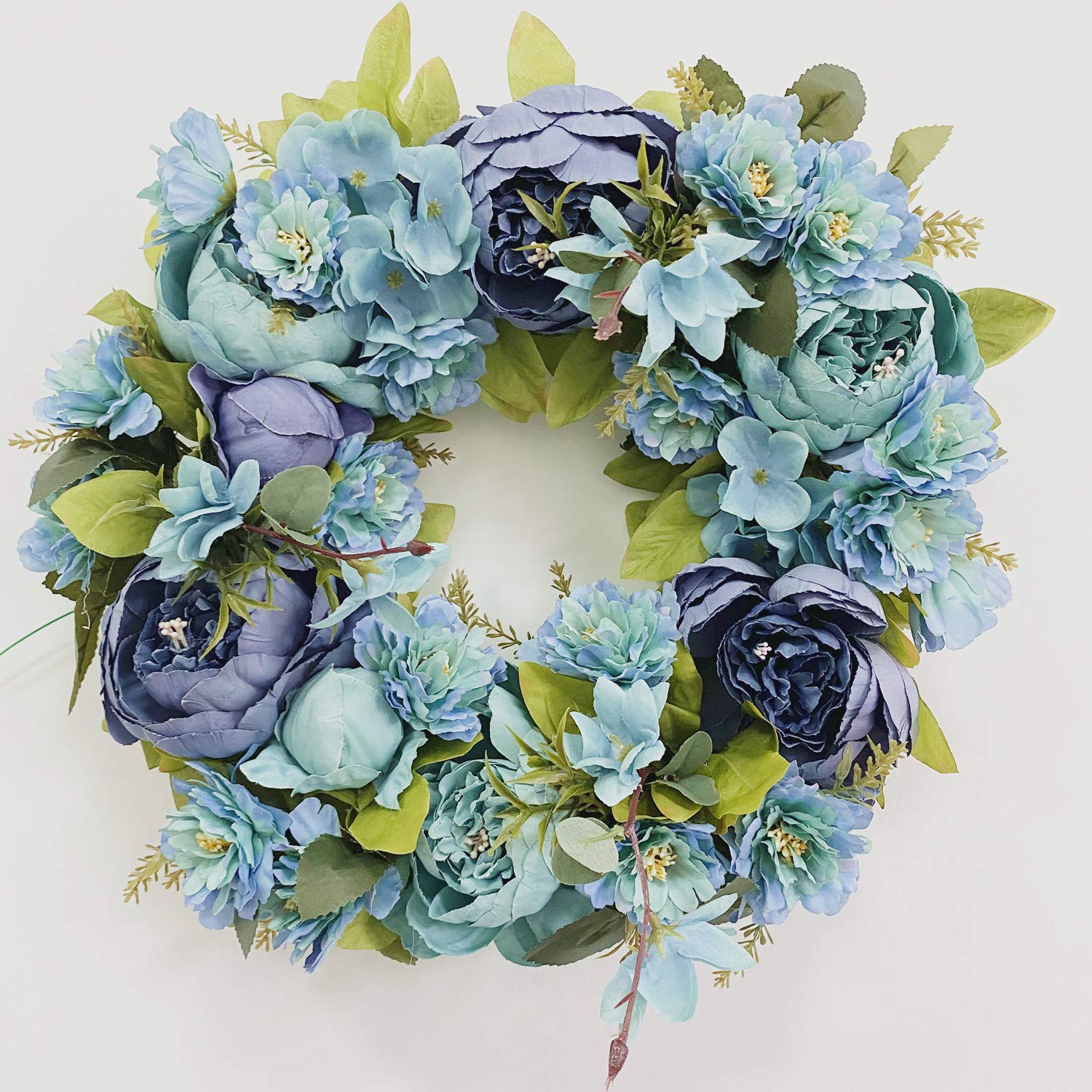 16 Inch Handmade Vintage Blue and Purple Silk Hydrangea Summer Door Wreath - Artificial Flower Garland for Front Door Decor, Wedding, Home & Garden Decoration