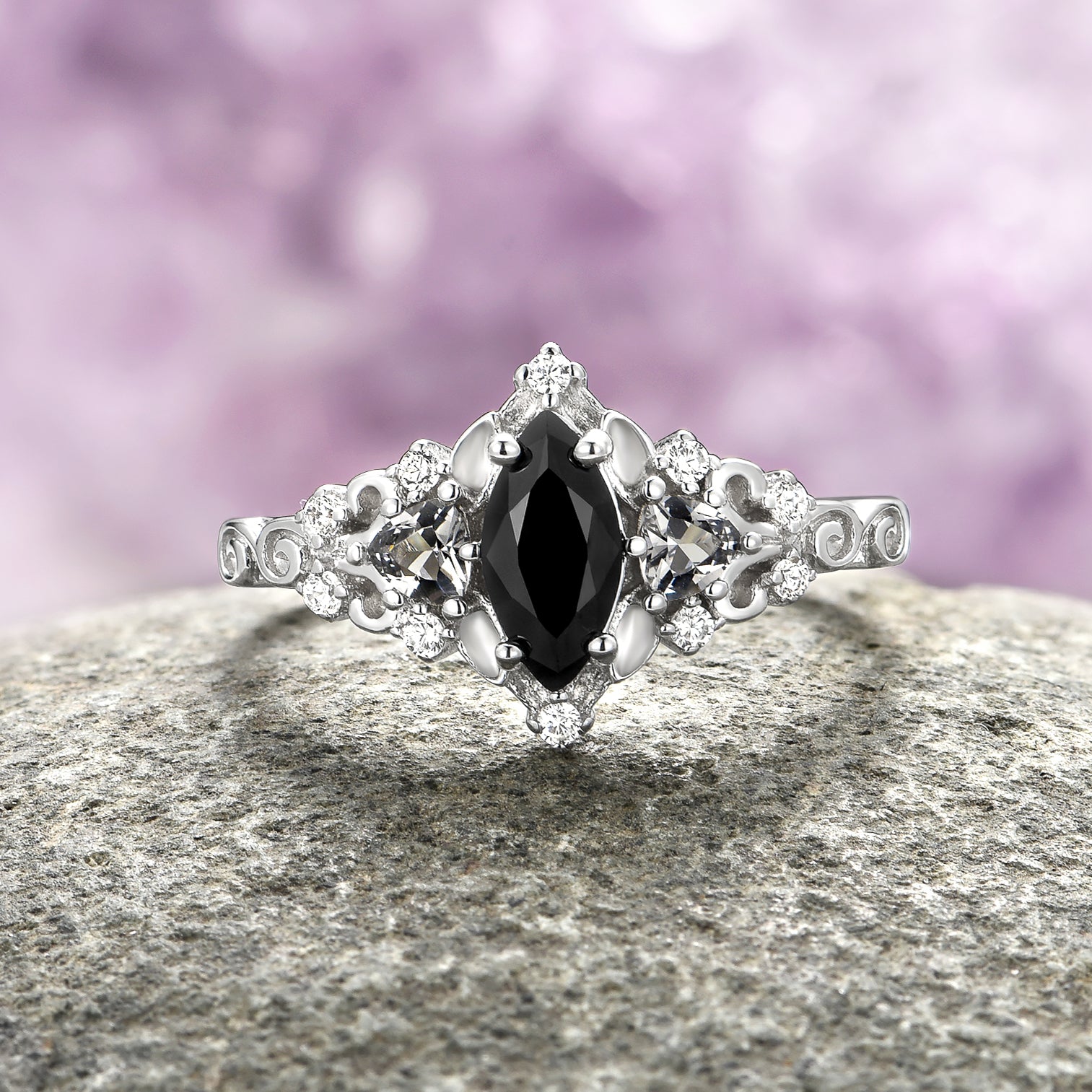 14K White Gold Black Onyx Fairy Ring - Elegant & Dainty Jewelry for Women, Perfect for Weddings, Parties & Special Occasions