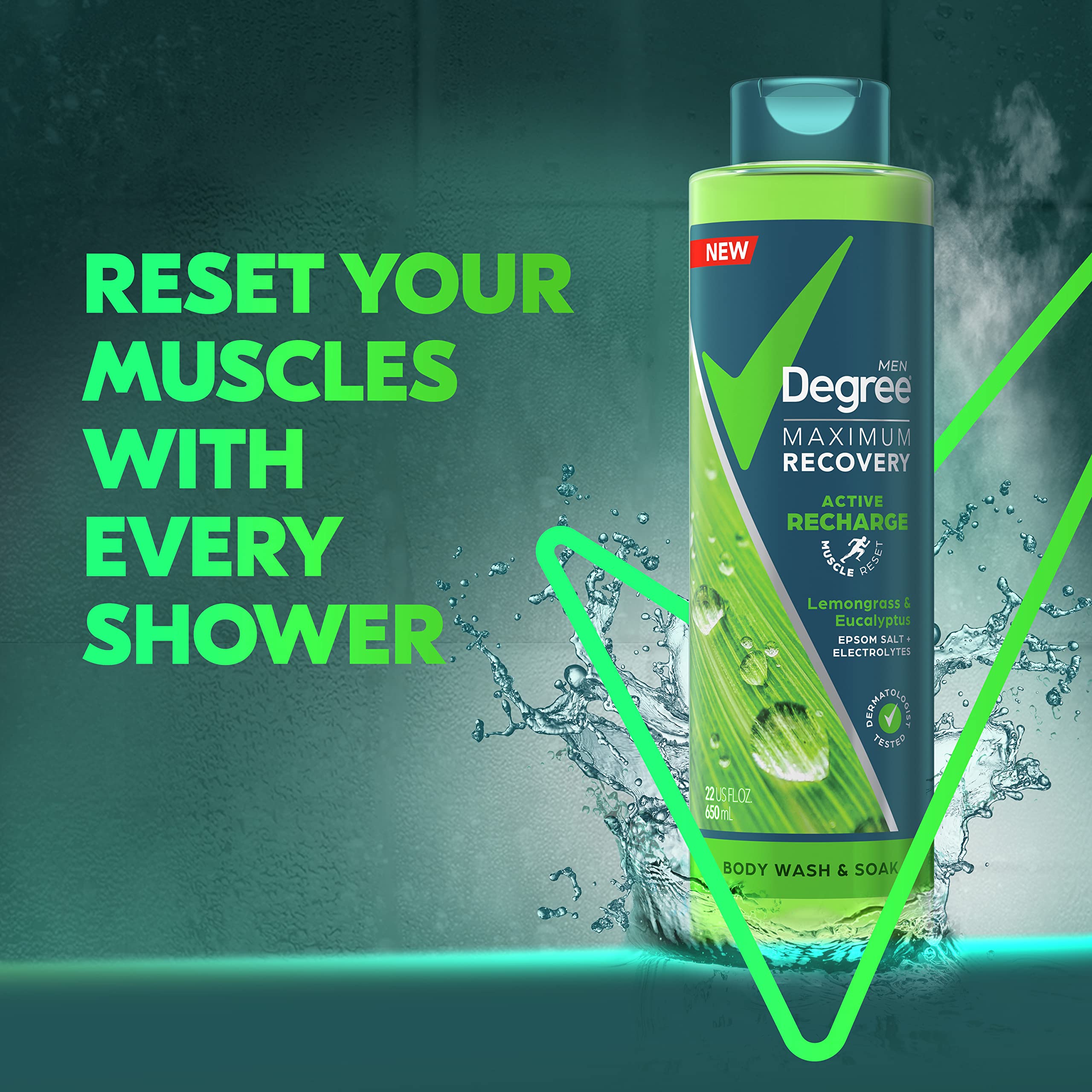 Degree Men Post-Workout Recovery Body Wash & Soak with Lemongrass, Eucalyptus, Epsom Salt & Electrolytes - 22 Fl Oz (Pack of 4) - Ideal for Gym, Sports & Muscle Relaxation Bath Routine