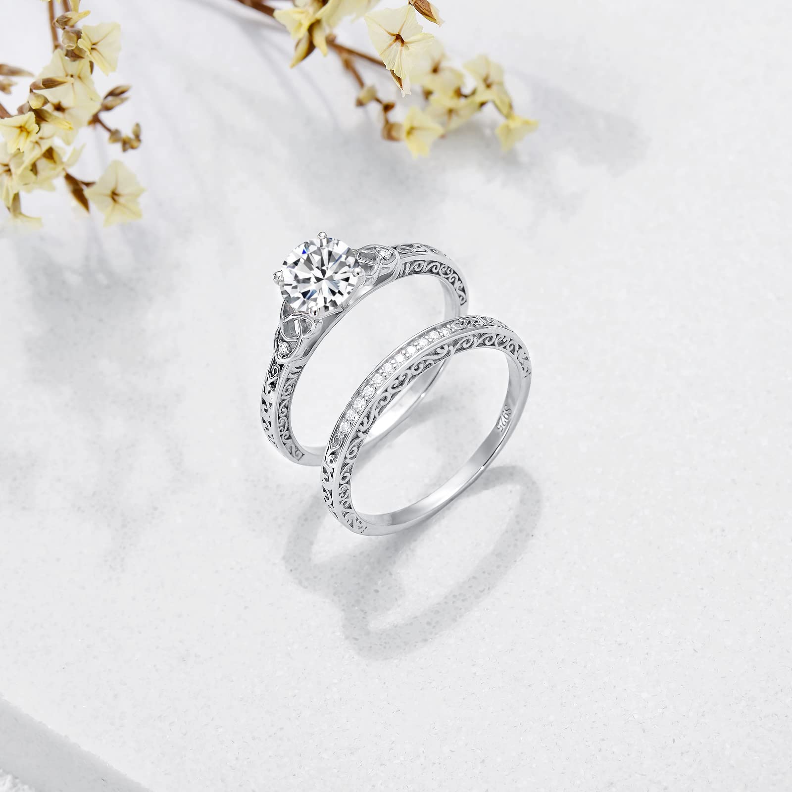 1.13 Carat (ctw) Moissanite Wedding Ring Set for Women - Vintage S925 Sterling Silver Bridal Set - Elegant Engagement & Wedding Band - Perfect for Proposals, Anniversaries, and Bridal Jewelry Gifts