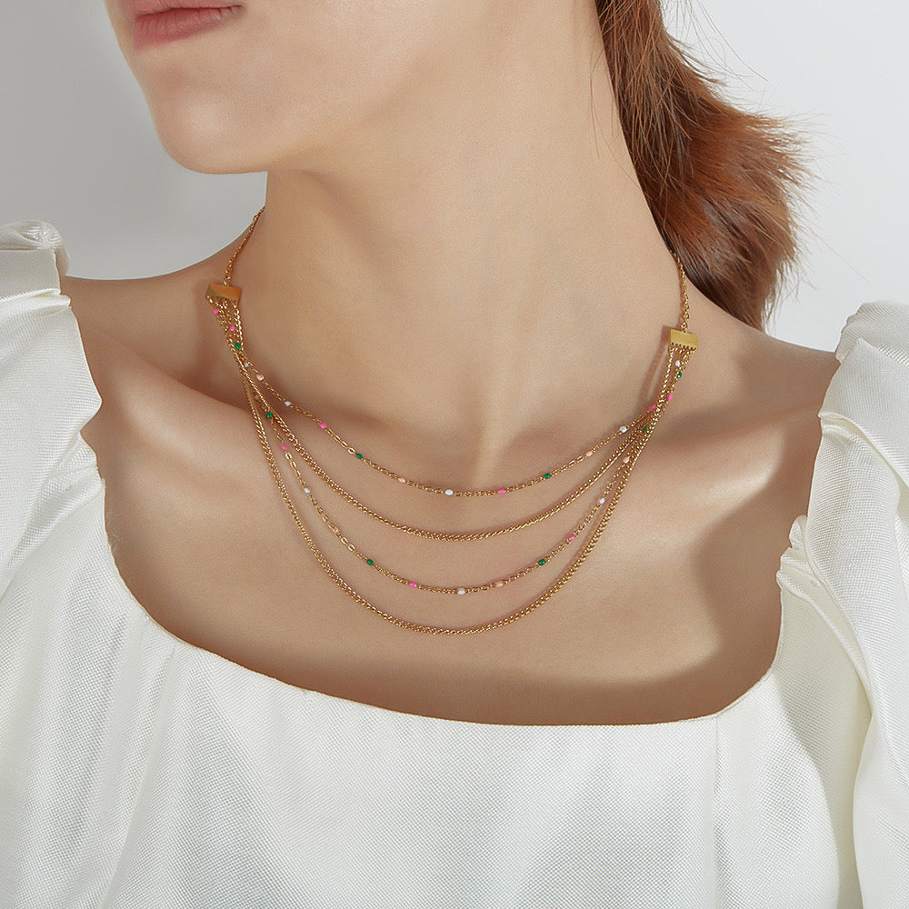 Multi Strand Gold Chain Necklace with Colorful Beads | GX2336 | Elegant Layered Jewelry for Women, Perfect for Parties, Weddings & Everyday Wear