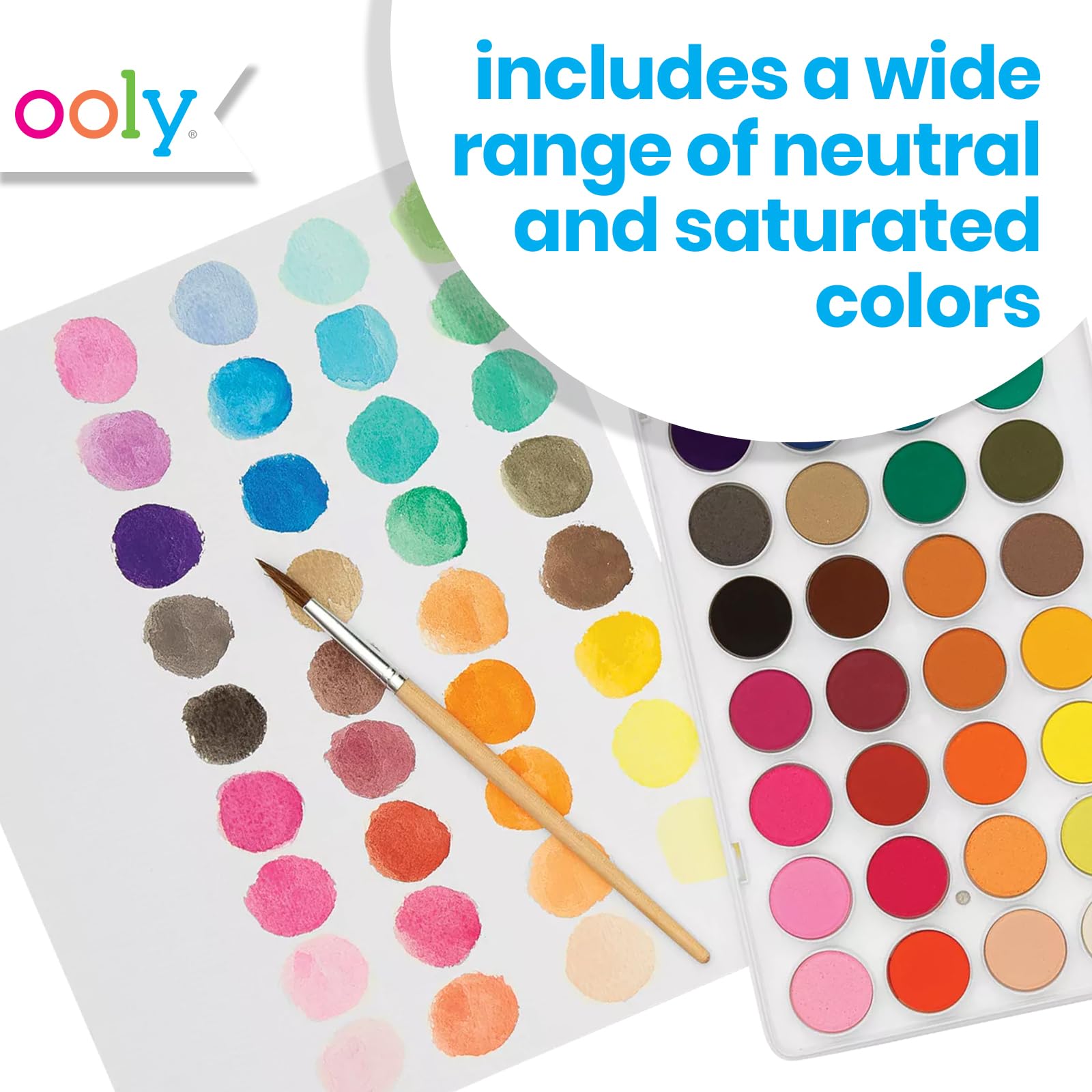 Ooly Lil' Watercolor Complete Bundle - 36 Color Pods, 7 Easy Dry Paint Brushes, 20-Sheet 200 GSM Paint Pad | Kids Art Supplies for Easter, Birthday & DIY Craft Activities