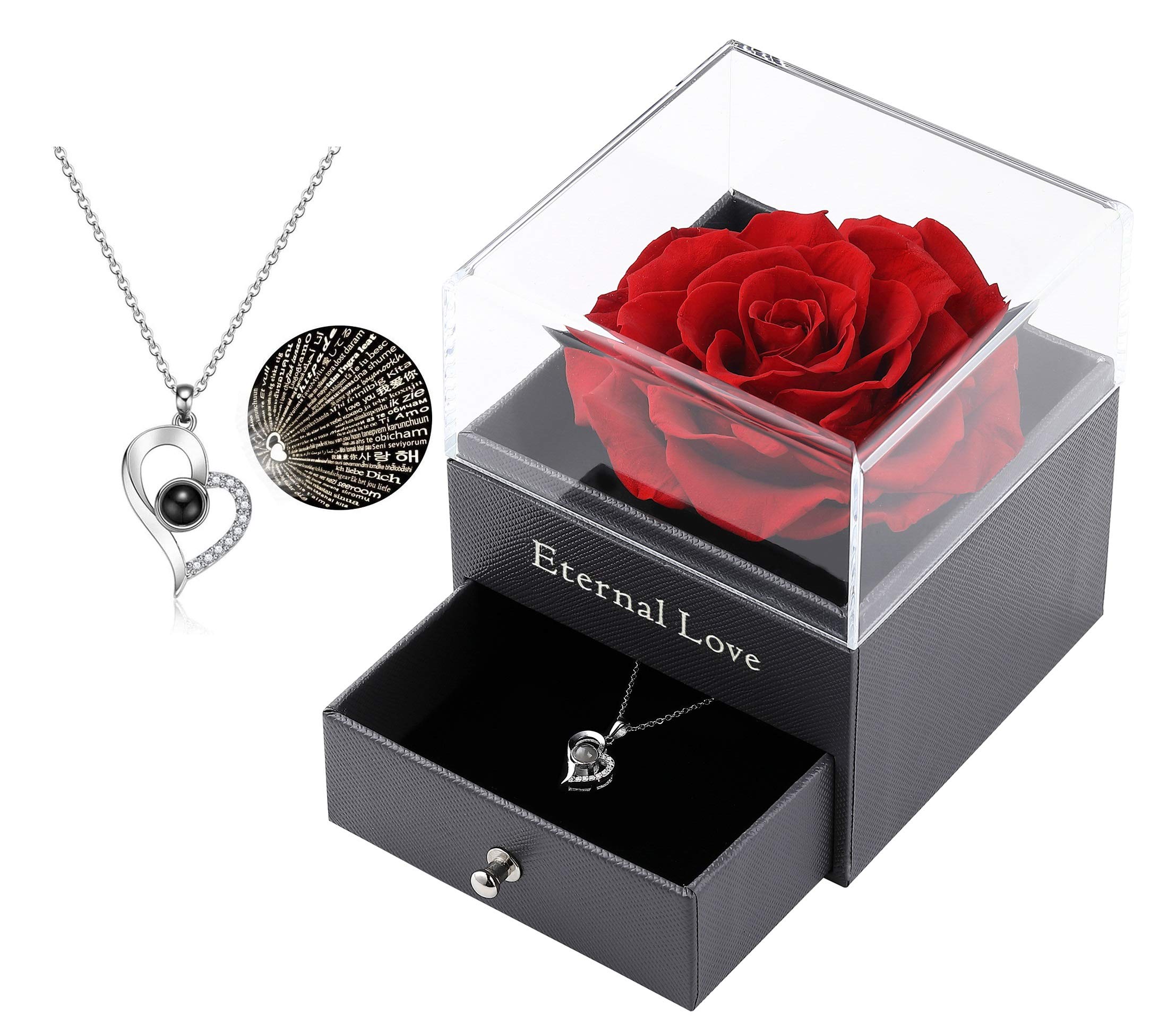 Handmade Preserved Red Rose Drawer with Silver-Tone Heart Necklace - Romantic Valentine's Day & Mother's Day Gift for Her - Perfect for Anniversaries, Birthdays & Special Occasions (Red Rose)