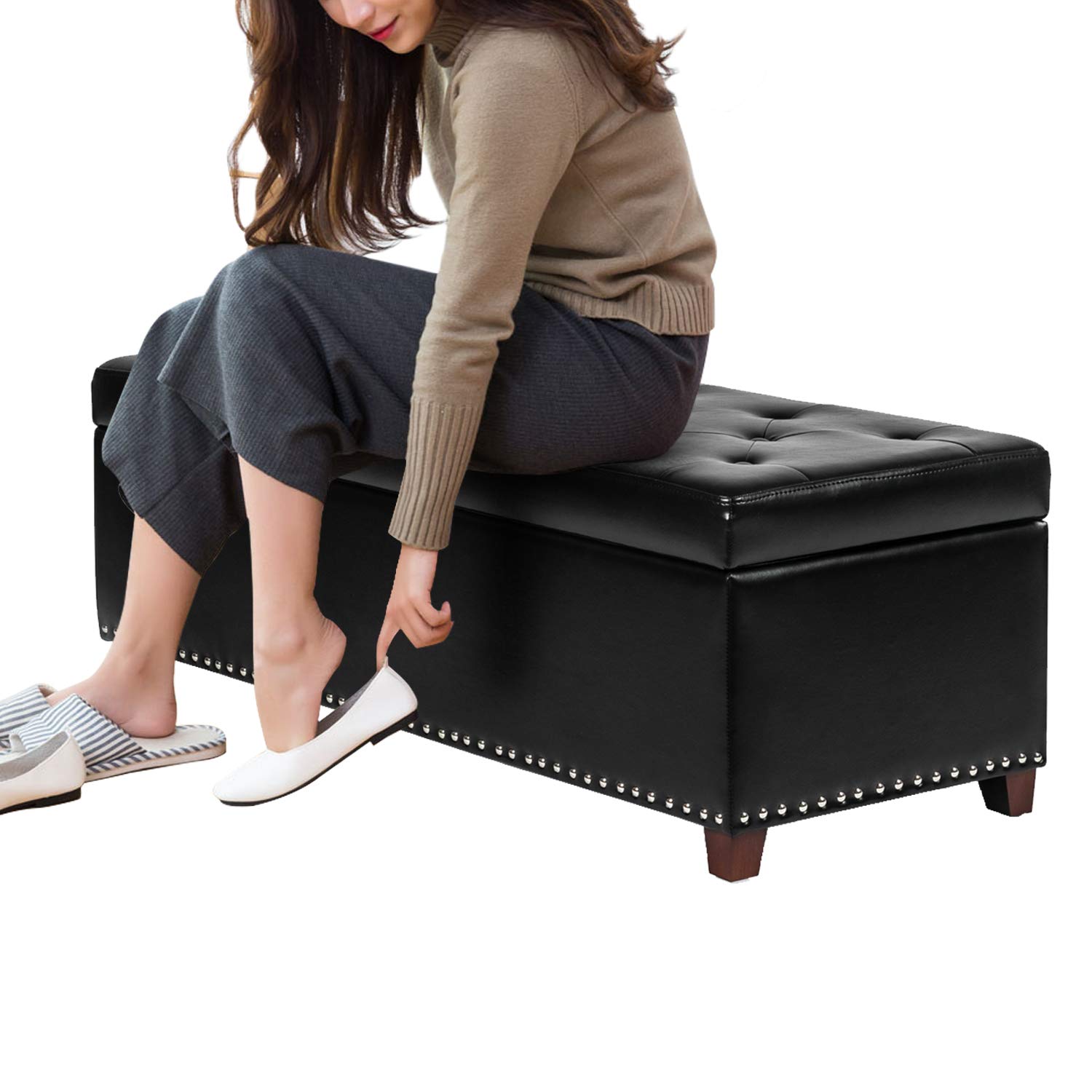 Storage Ottoman Bench with Wooden Legs - Upholstered Rectangle Storage Bench for Bedroom & Living Room - Multi-Functional Furniture for Home Organization, Extra Seating, and Stylish Decor