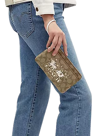 Coach Double Zip Wallet in Signature Canvas with Horse & Sleigh Design - Stylish Leather Card Holder for Women, Perfect for Everyday Use, Travel & Gift Giving