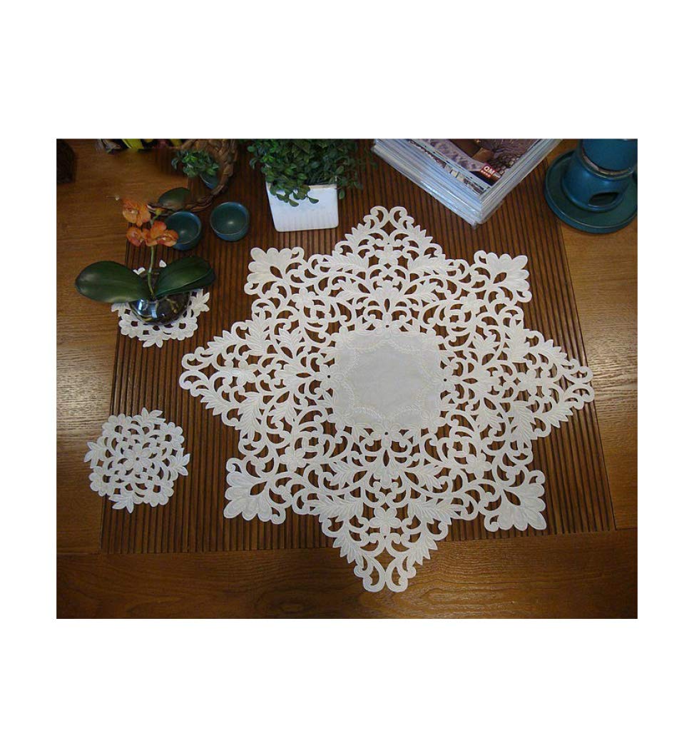 LUCACO Embroidered White Lace Table Runner & Dresser Pad - Floral Wedding Party Dining Table Decor for Home, Kitchen, and Special Events