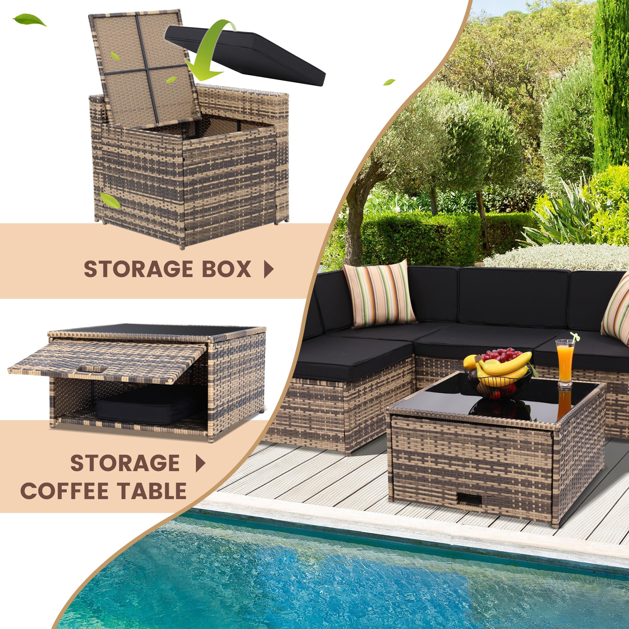 8-Piece Outdoor Wicker Patio Furniture Sectional Set with Glass Top Table & Hidden Storage - 7 Seating Components, Natural Rattan with Black Overstuffed Cushions - Perfect for Backyard, Garden, Poolside & Outdoor Lounge Areas
