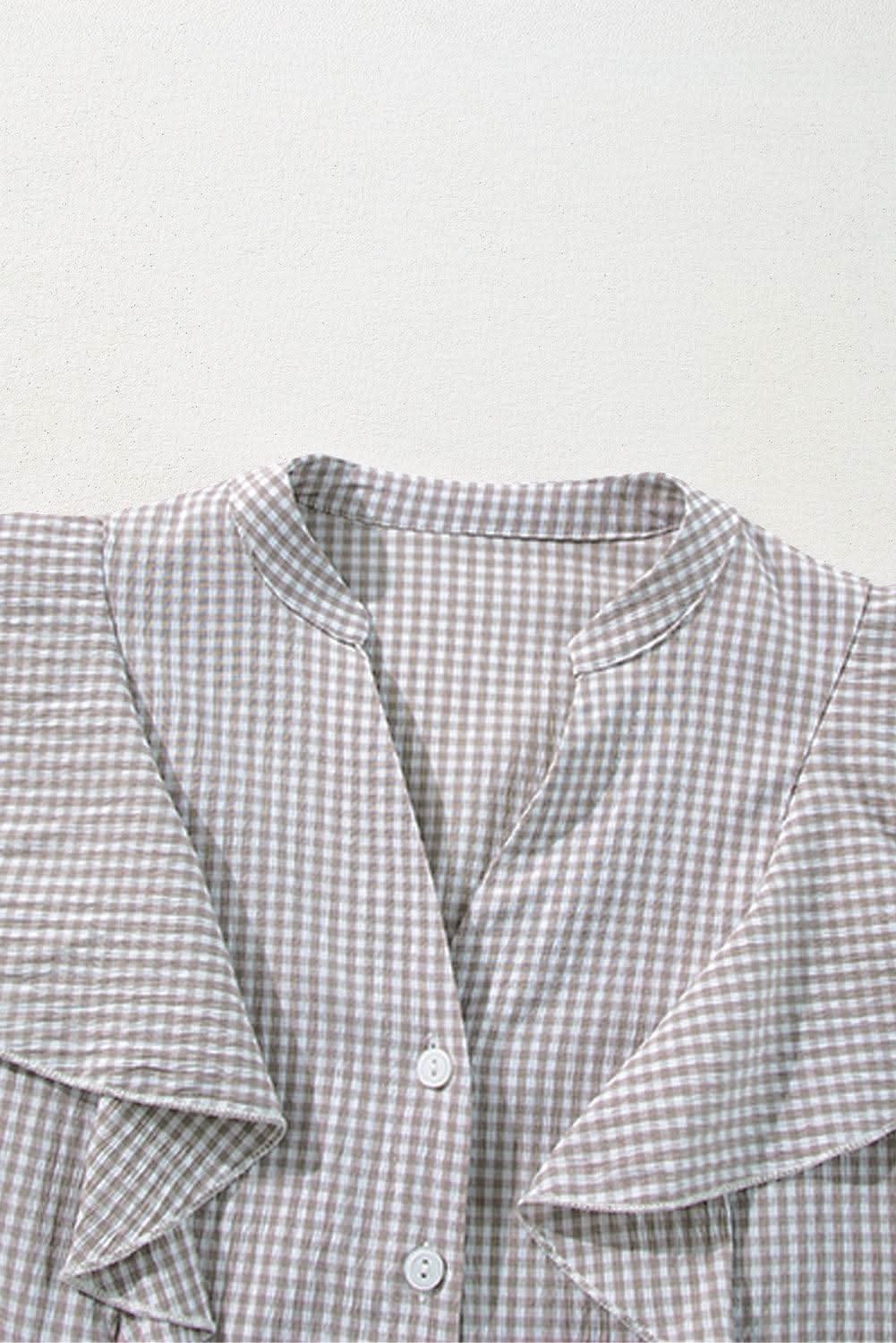 Brown Plaid Flounce Sleeve Ruffled Blouse for Women - Casual Office Shirt with Notched Neckline - Perfect for Work, Date Night and Fall Outfits