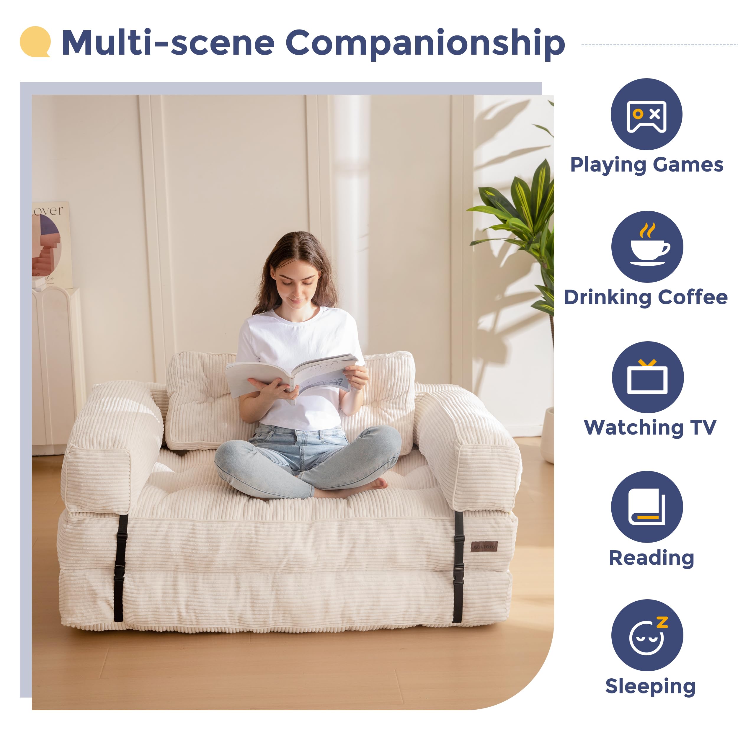 MAXYOYO L-Shaped Folding Sofa Bed - Convertible Sleeper Couch with Armrest & Pillow, Portable Fold Out Chair for Living Room & Bedroom - Comfortable Floor Lounge Sofa (Double Size, Beige) - Perfect for Small Spaces, Guest Rooms & Apartments