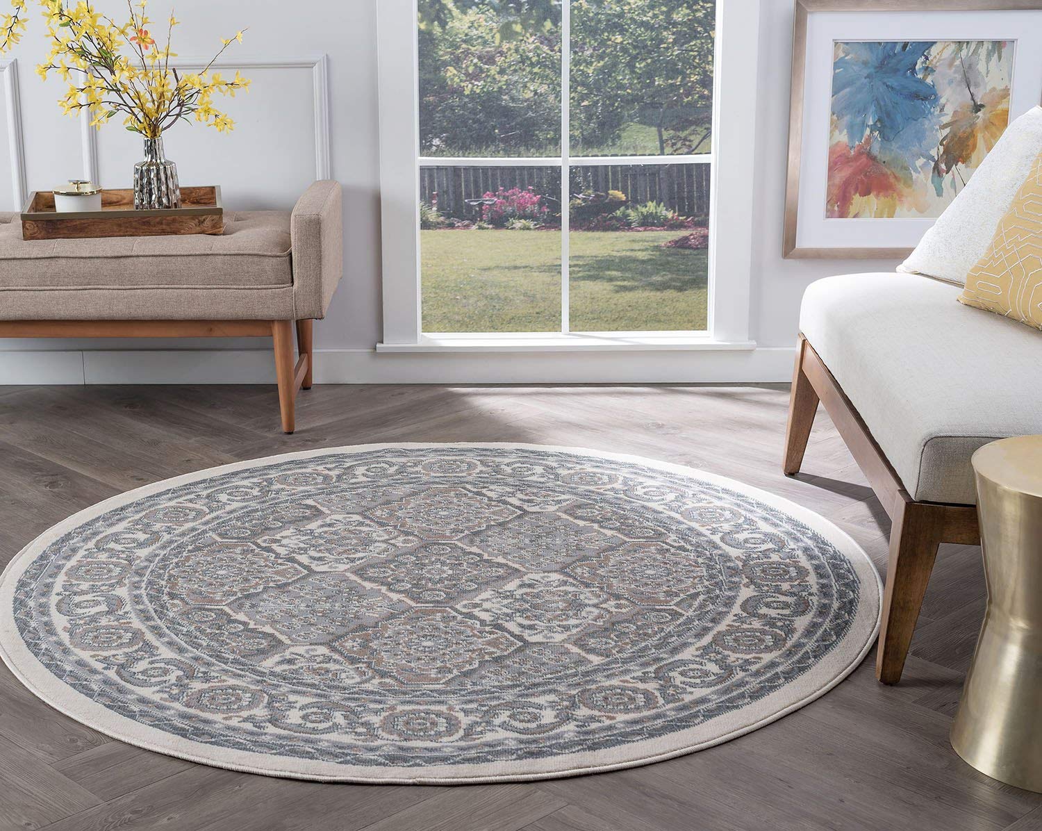 Tayse Oxnard Cream 8-Foot Round Traditional Oriental Area Rug - Soft Plush Carpet for Living Room, Bedroom, Dining Room Decor | Perfect for Home, Office & Wedding Venue Decorations
