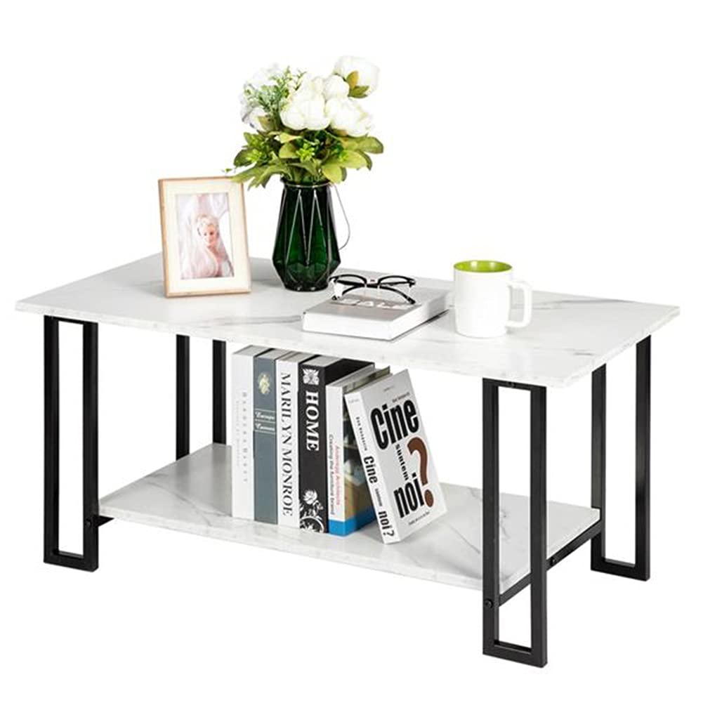 Modern 2-Tier Dining Room Table with Iron Frame & 1.5cm Thick MDF Imitation Marble Tabletop - Multifunctional Coffee, Side, Kitchen, and Office Desk for Living Room, Home Office, and Small Spaces