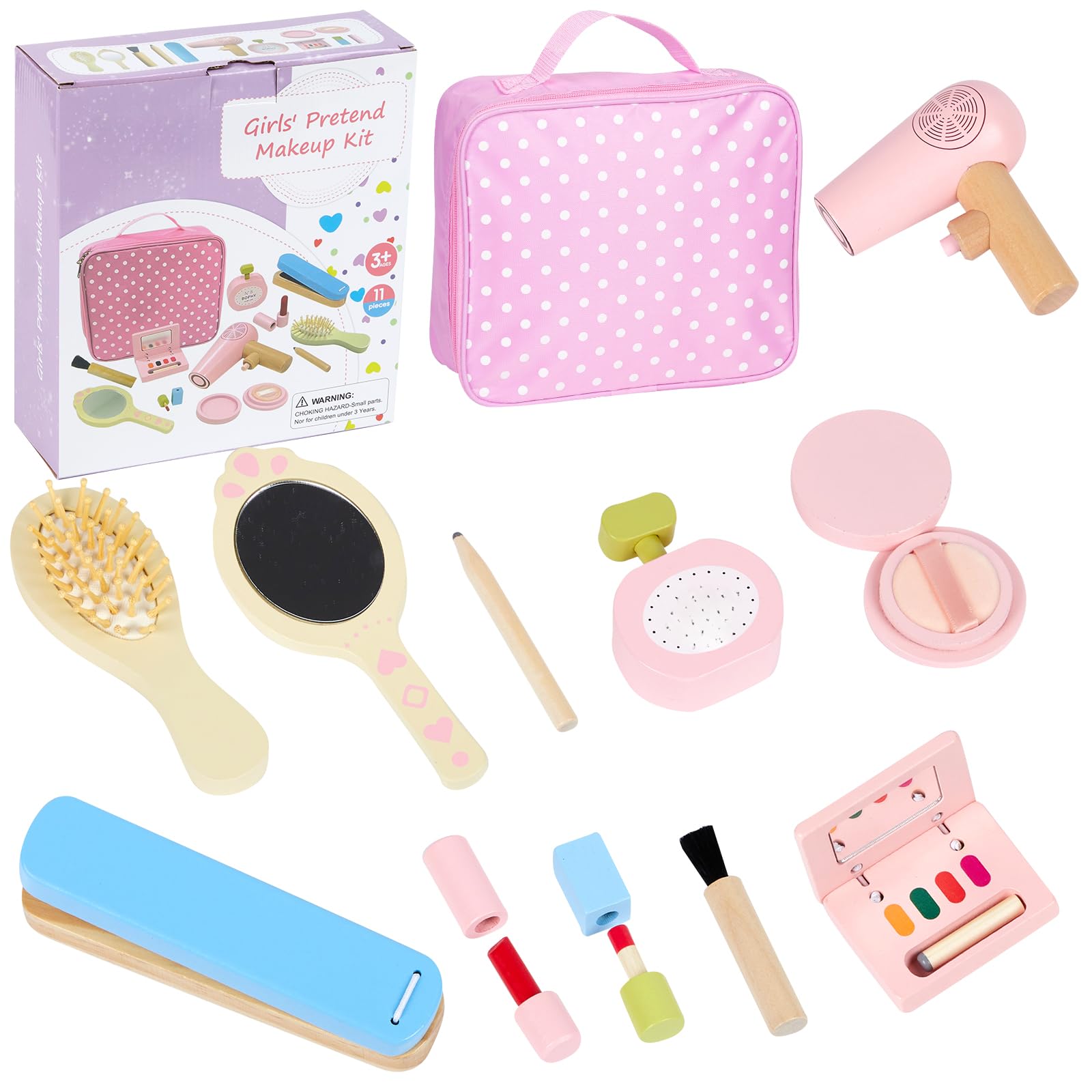 12PCS Wooden Salon Pretend Play Makeup Toy Set for Toddlers & Kids - Girls Pretend Makeup Kit with Brush, Mirror & Cosmetic Case - Perfect for Birthday Gifts, Role Play & Preschool Learning Activities