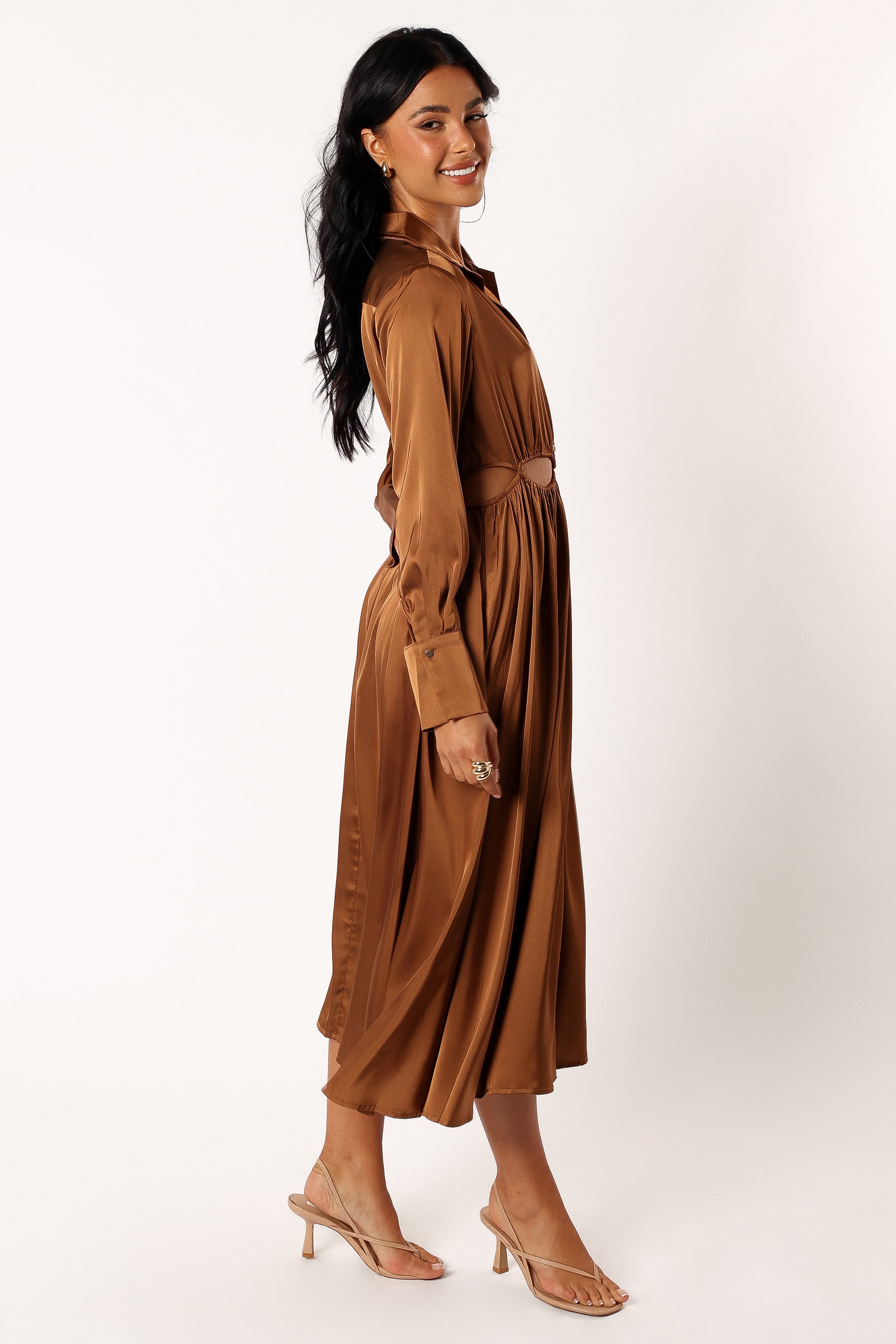 Elegant Jett Long Sleeve Midi Dress in Bronze - Perfect for Fall Weddings, Office Wear & Date Nights