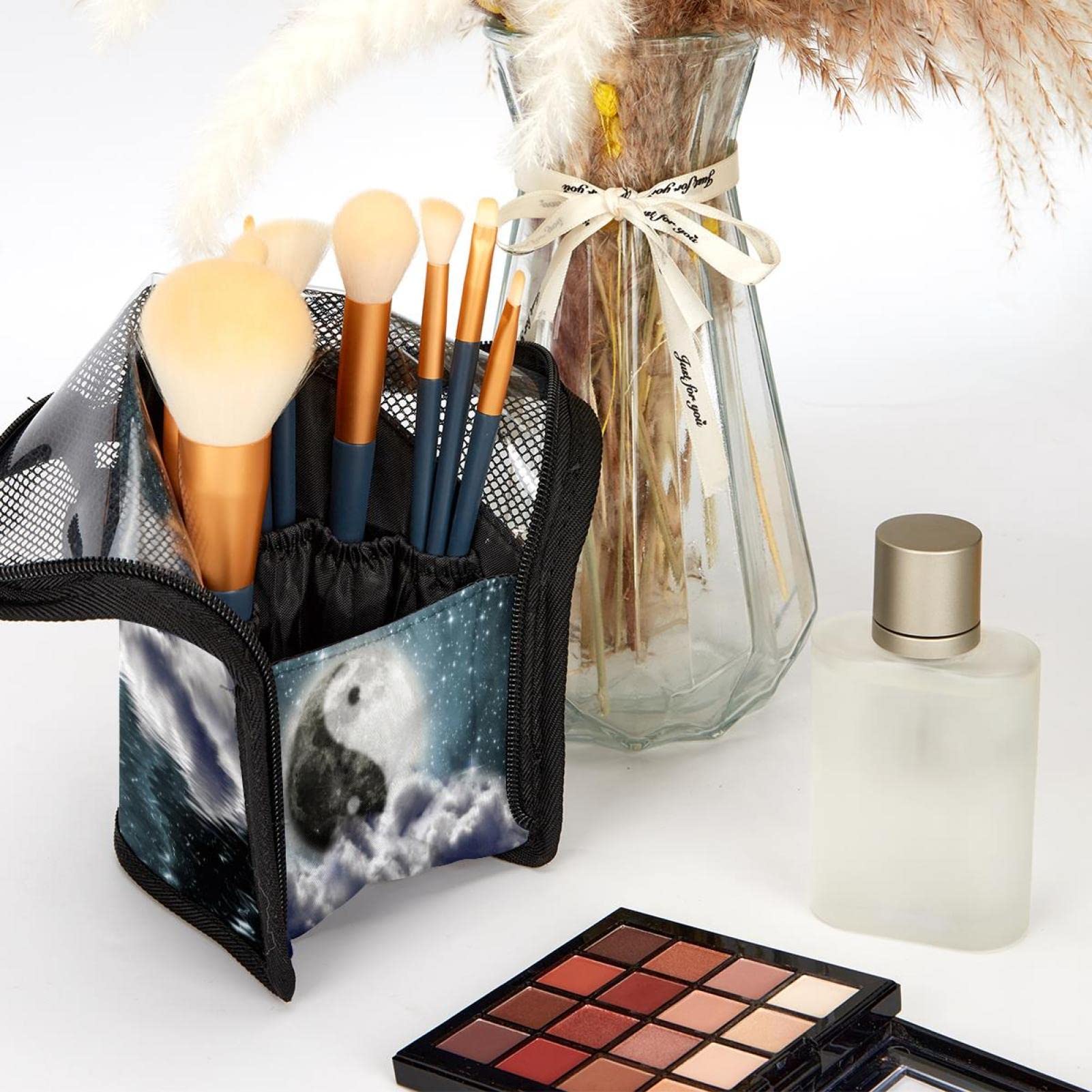 12-Piece Makeup Brush Organizer Bag with Yin Yang Galaxy Design - Portable Cosmetic Brush Holder Case for Travel, Home & Professional Use