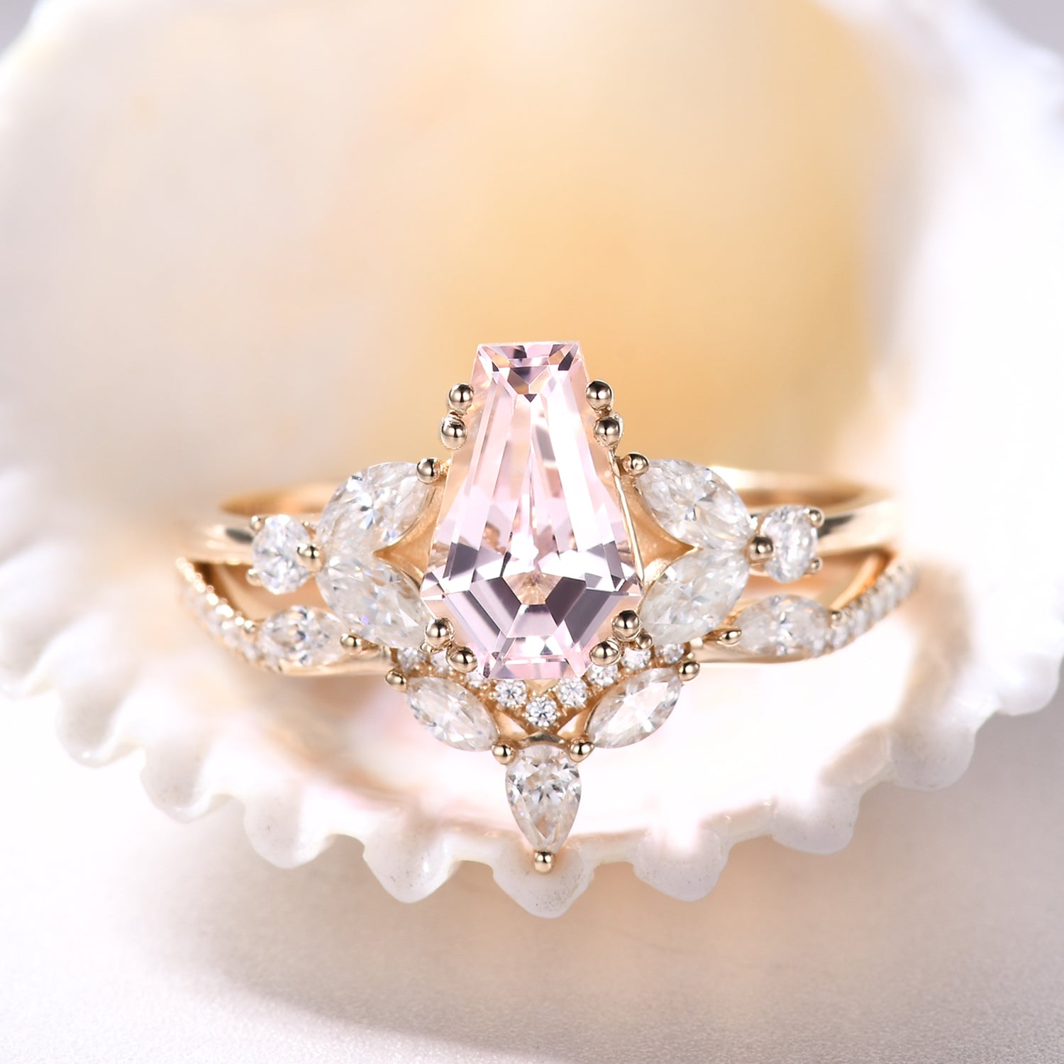 Elegant Coffin-Shaped Morganite Bridal Ring Set with Curved Matching Wedding Band - Perfect for Gothic Weddings, Alternative Engagement, and Unique Bridal Jewelry Gifts