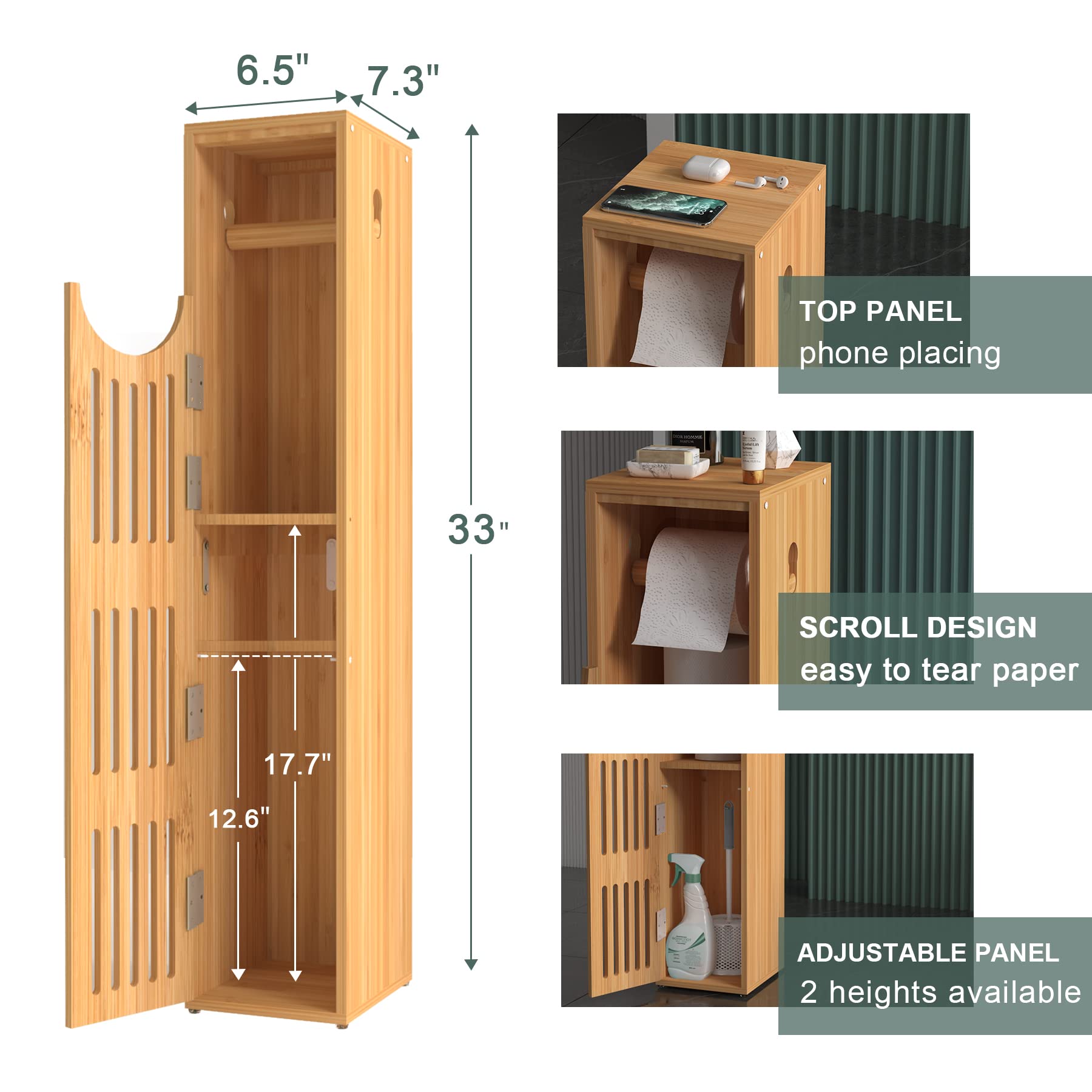 Bamboo Toilet Paper Storage Cabinet - Slim Bathroom Organizer for Small Spaces (33x7.3x6.5 Inches) - Perfect for Compact Bathrooms & RVs