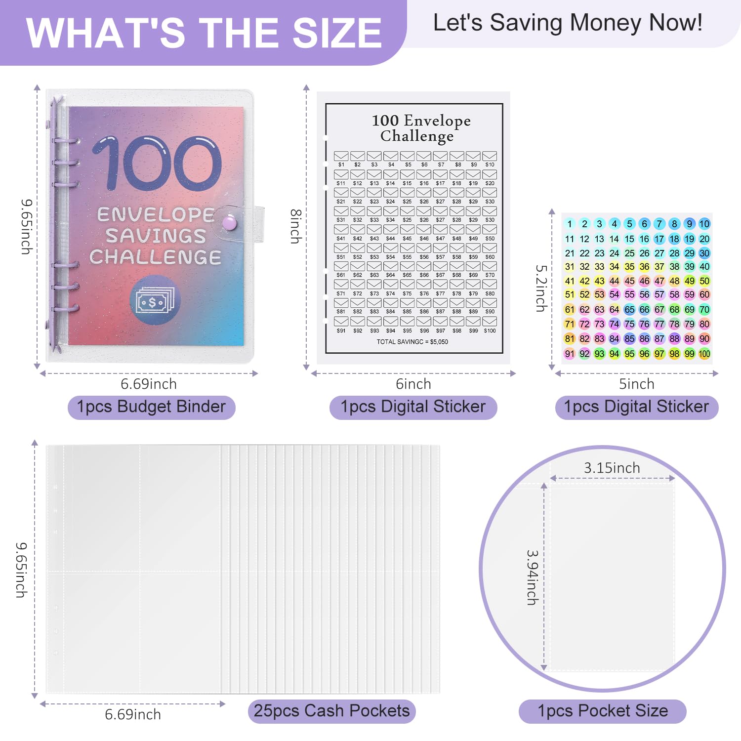 100 Envelopes Money Saving Challenge Binder - Budget Organizer with Cash Envelopes, Pen & Expense Sheets - Save $5,050 Easily (Purple) - Perfect for Personal Finance, Cash Budgeting & Debt Payoff Planning