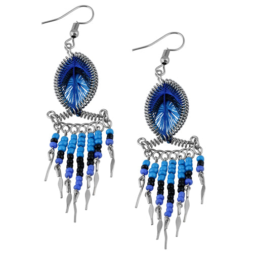 Handmade Stainless Steel Peruvian Pink & Blue Silk Thread Beaded Fish Dangle Earrings | Boho Chic Jewelry for Women | Perfect for Festivals, Parties & Beach Vacations