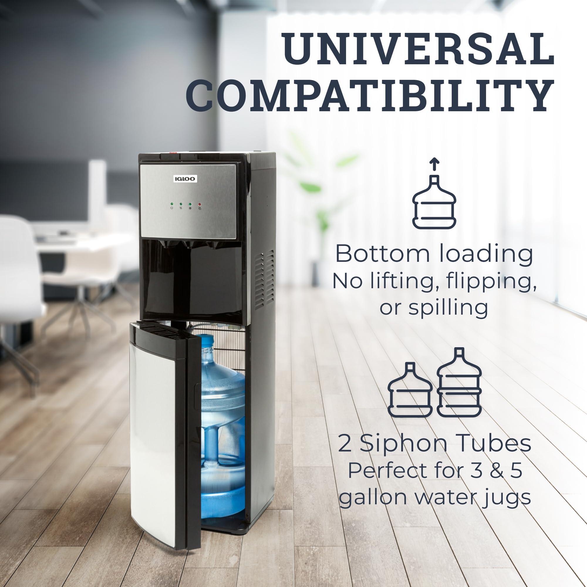 Igloo Bottom Load Water Cooler Dispenser with Hot & Cold Water Options - 3/5 Gallon Bottle Capacity - Child Safety Lock - Stainless Steel/Black - Ideal for Home, Office, Kitchen, Dorm | Energy Efficient & Space Saving Design