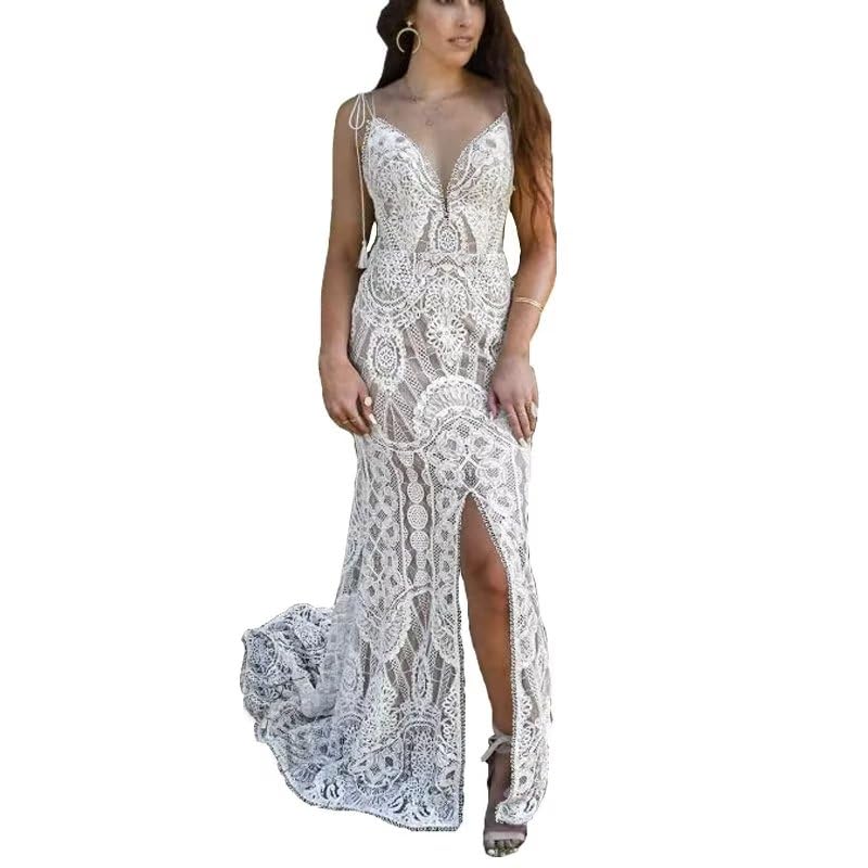 Boho Vintage Lace Wedding Dress for Bride - Mermaid Beach V Neck Bohemian Bridal Gown with Slit | Perfect for Beach Weddings, Boho Chic Ceremonies & Romantic Photoshoots