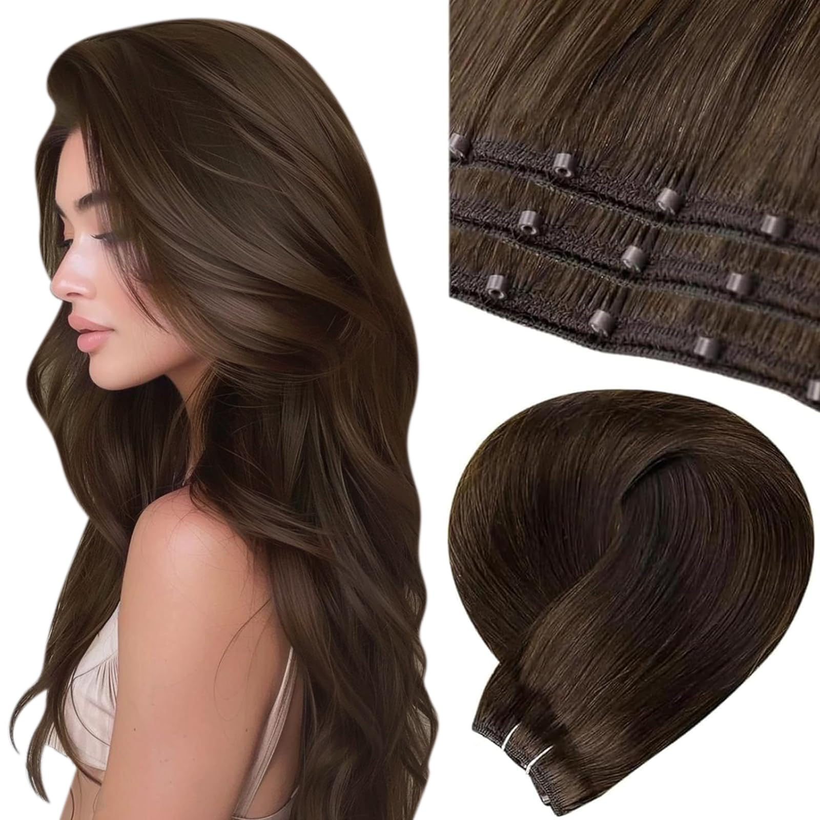 LaaVoo 20inch Dark Brown Microbead Weft Hair Extensions - 20pcs 50g Real Human Hair for Natural Look | Perfect for Daily Wear, Parties, and Special Occasions