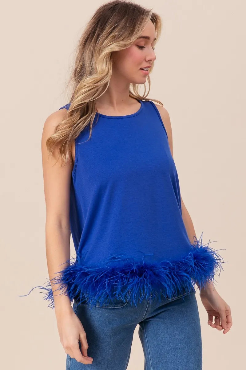 BiBi French Terry Faux Feather Bottom Back Tied Top - Stylish Women's Casual Loungewear for Home, Yoga & Outings